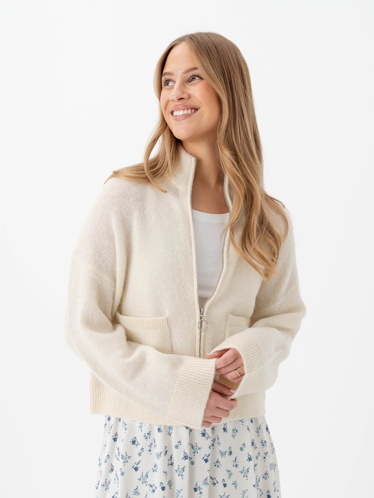 Selected Femme Sia Ras Long Sleeve Knit Zipper Cardigan Snow White Melange