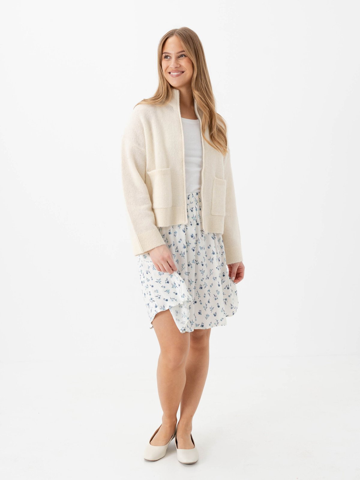 Selected Femme Sia Ras Long Sleeve Knit Zipper Cardigan Snow White Melange