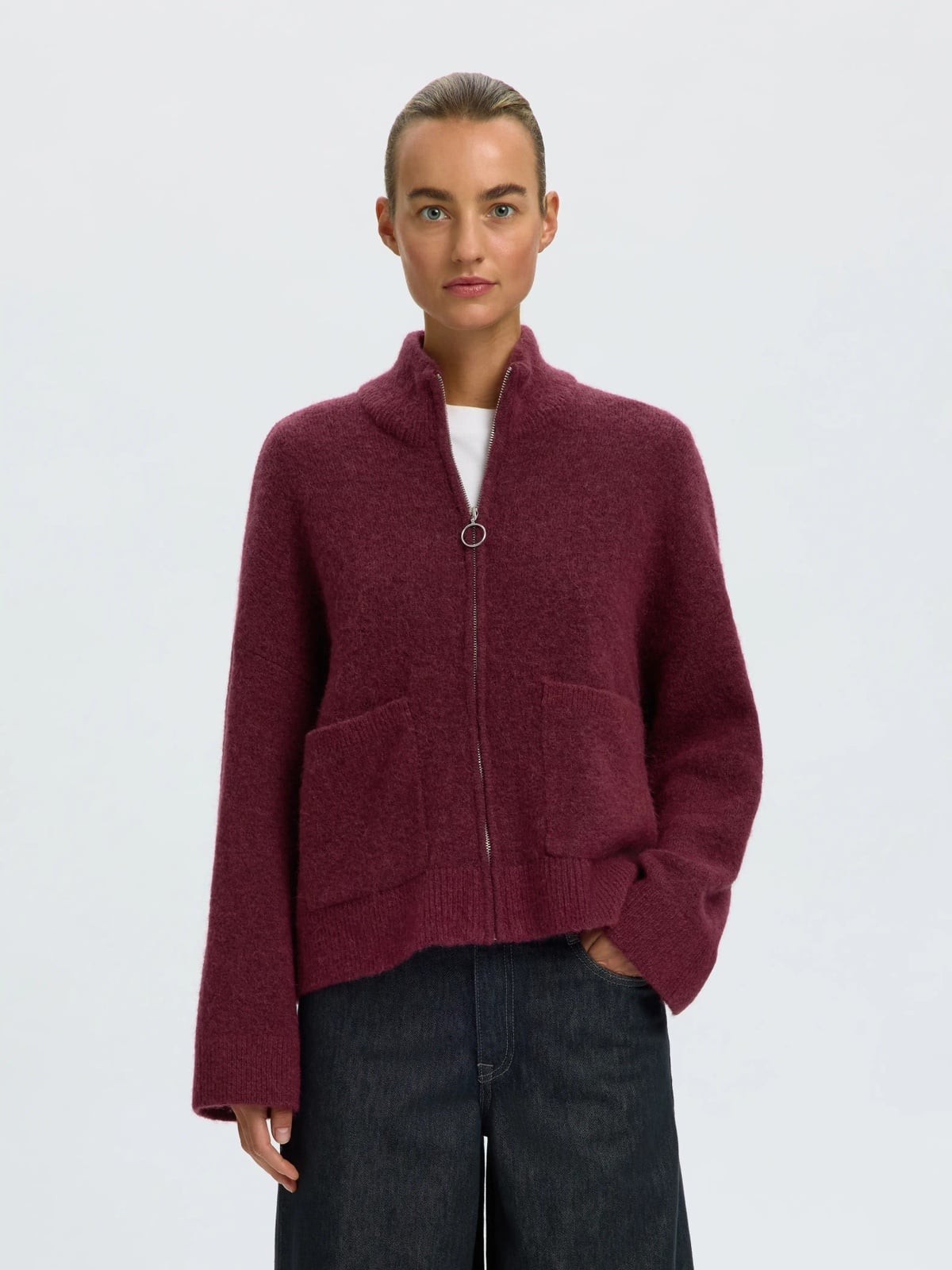 Selected Femme Sia Ras Long Sleeve Knit Zipper Cardigan Tawny Port