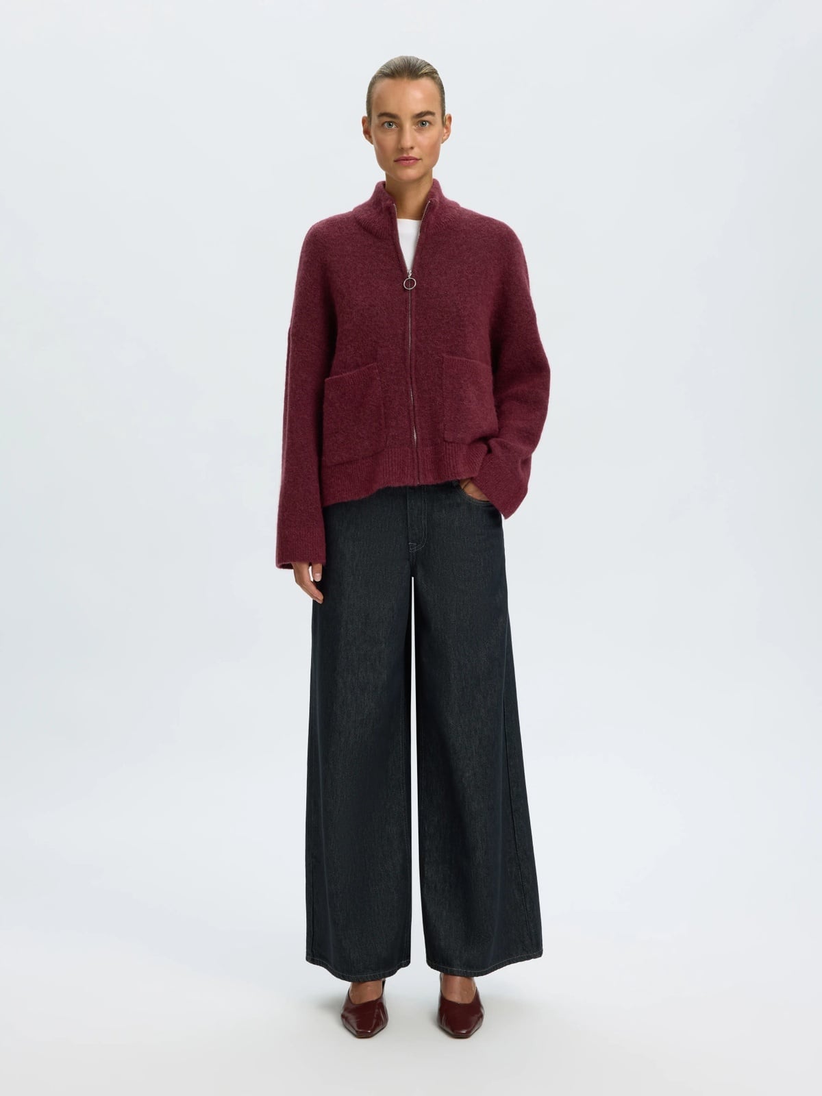 Selected Femme Sia Ras Long Sleeve Knit Zipper Cardigan Tawny Port