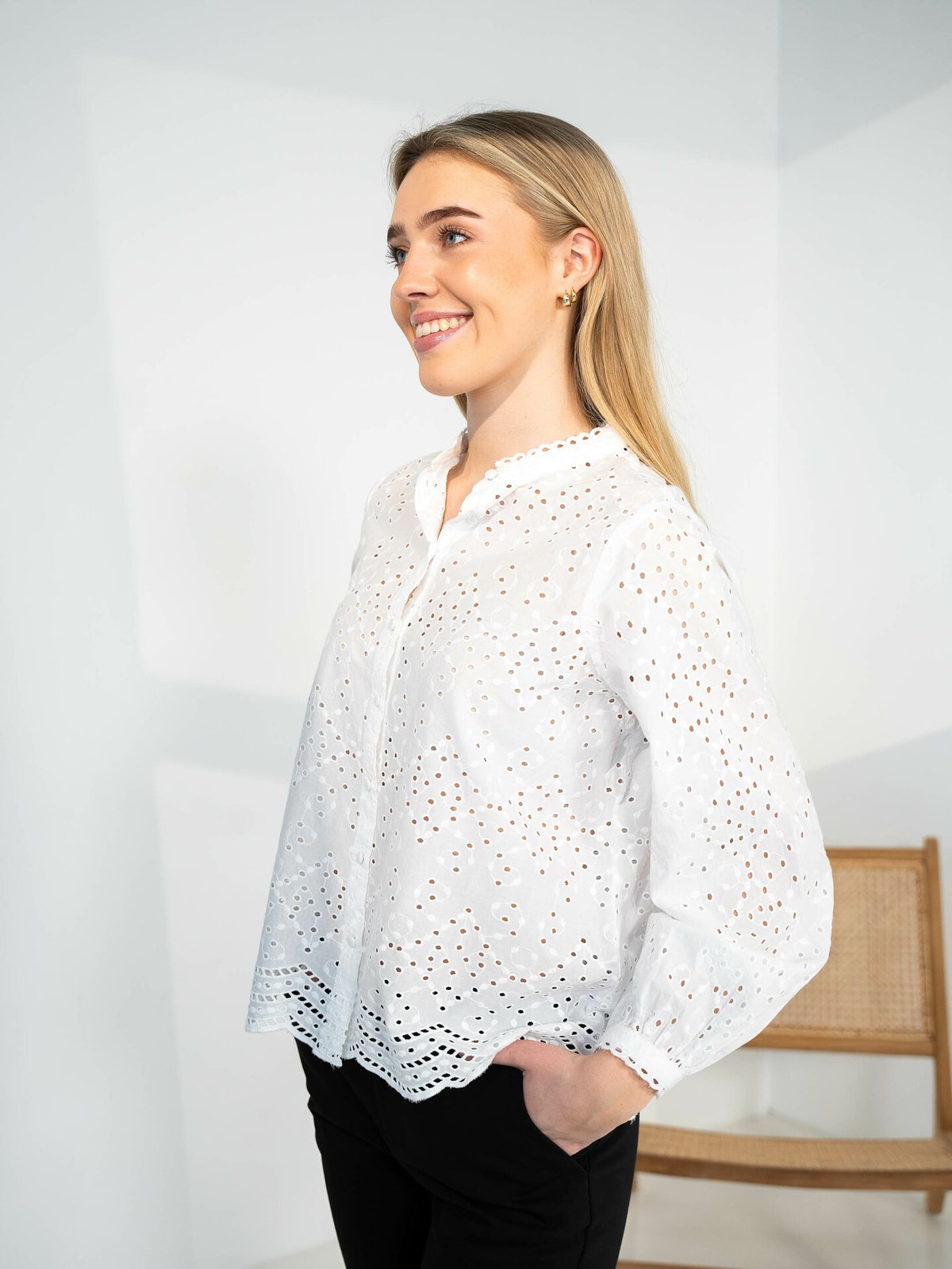 Selected Femme Tatiana Long Sleeve Embr Shirt Bright White