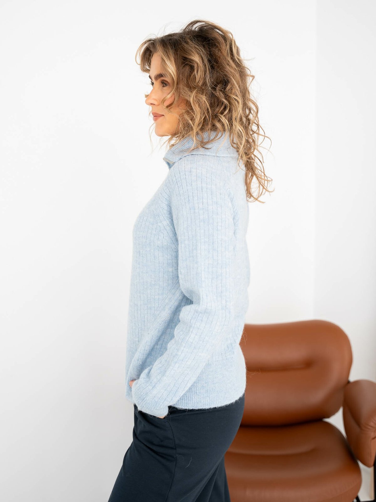 Selected Femme Lulu Mika Half Zip Long Sleeve Knit Cashmere Blue