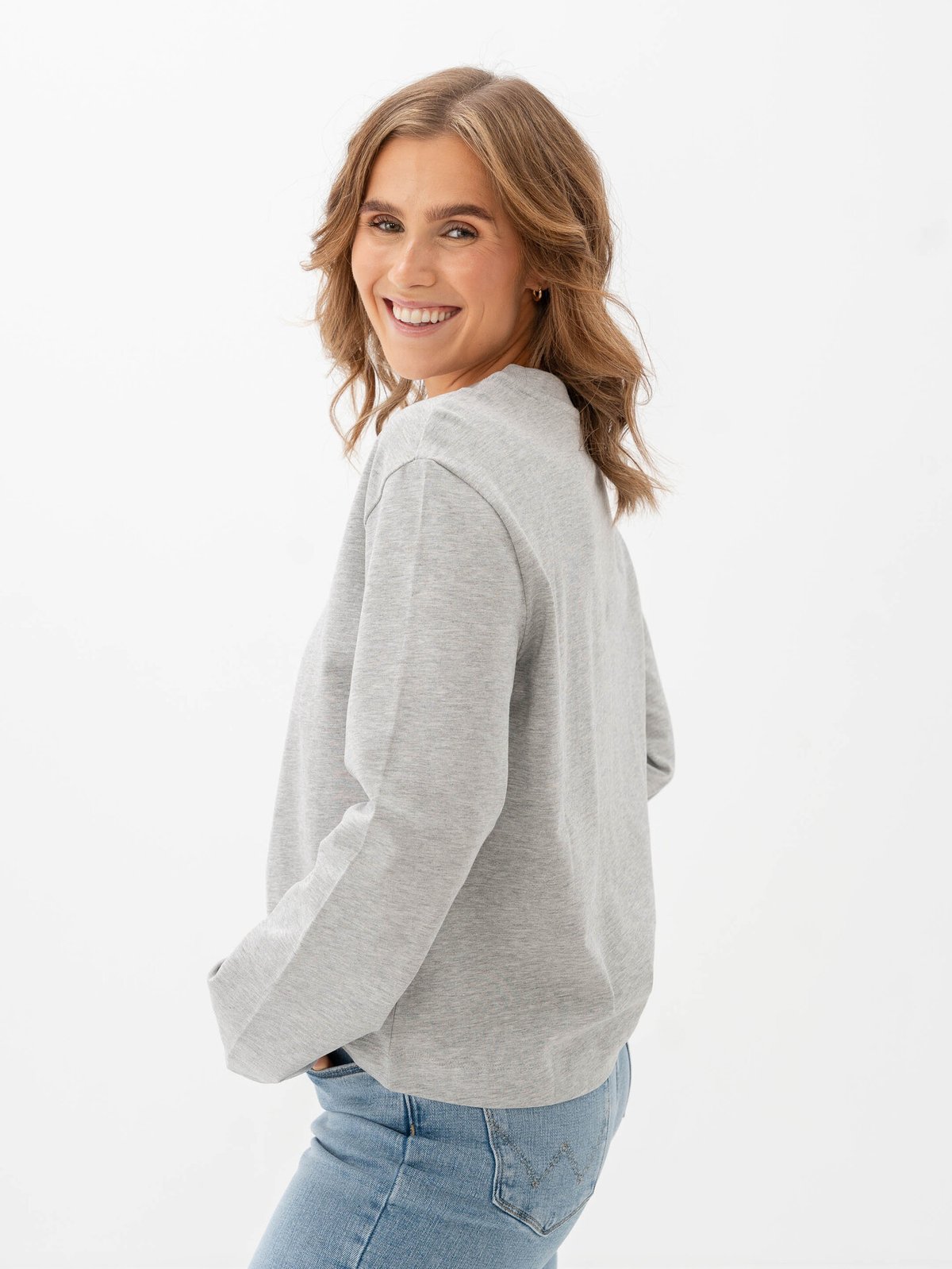 Selected Femme Essential Long Sleeve Boxy Tee Light Grey Melange