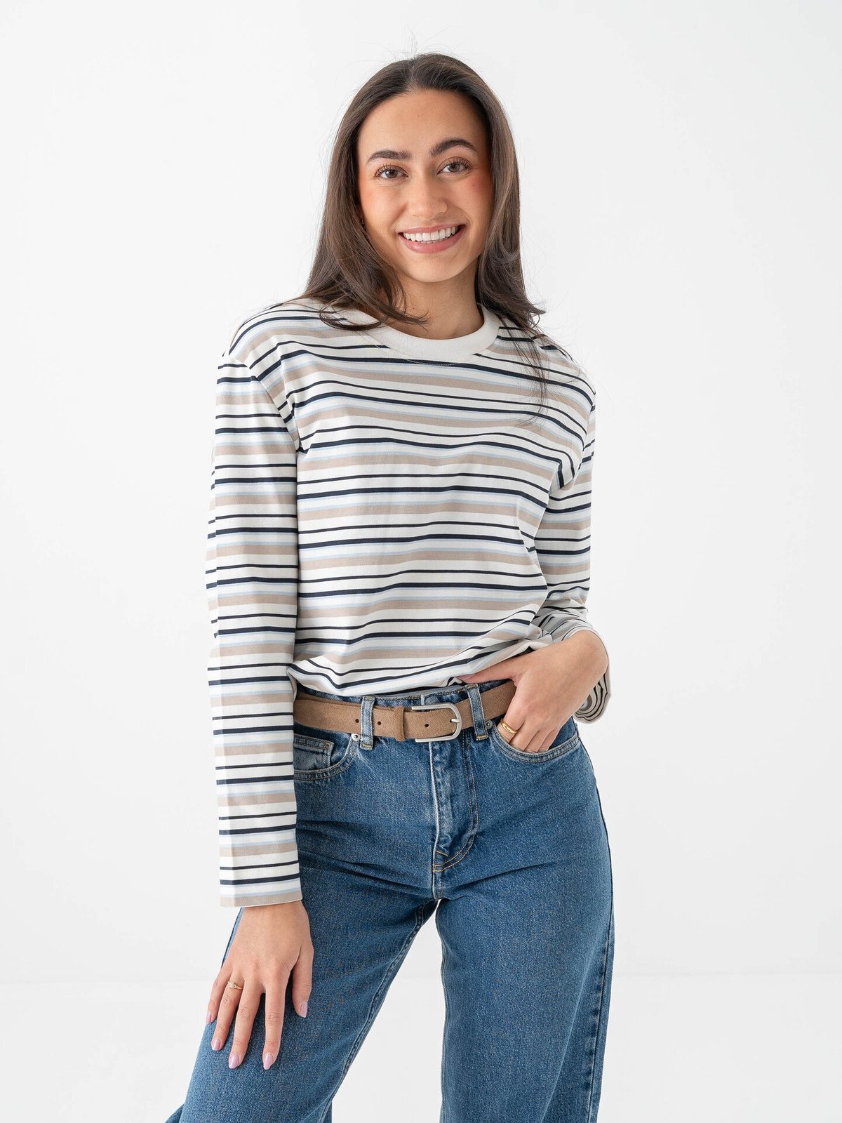 Selected Femme Essential Long Sleeve Striped Boxy Tee Cashmere Blue / Multi Stripe