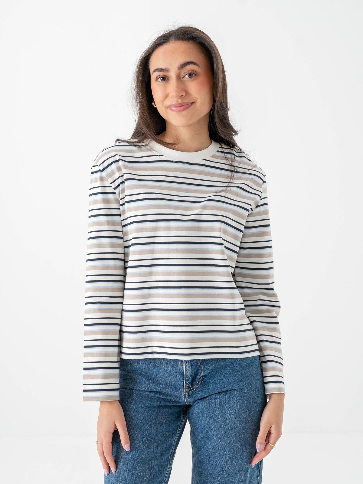 Selected Femme Essential Long Sleeve Striped Boxy Tee Cashmere Blue / Multi Stripe