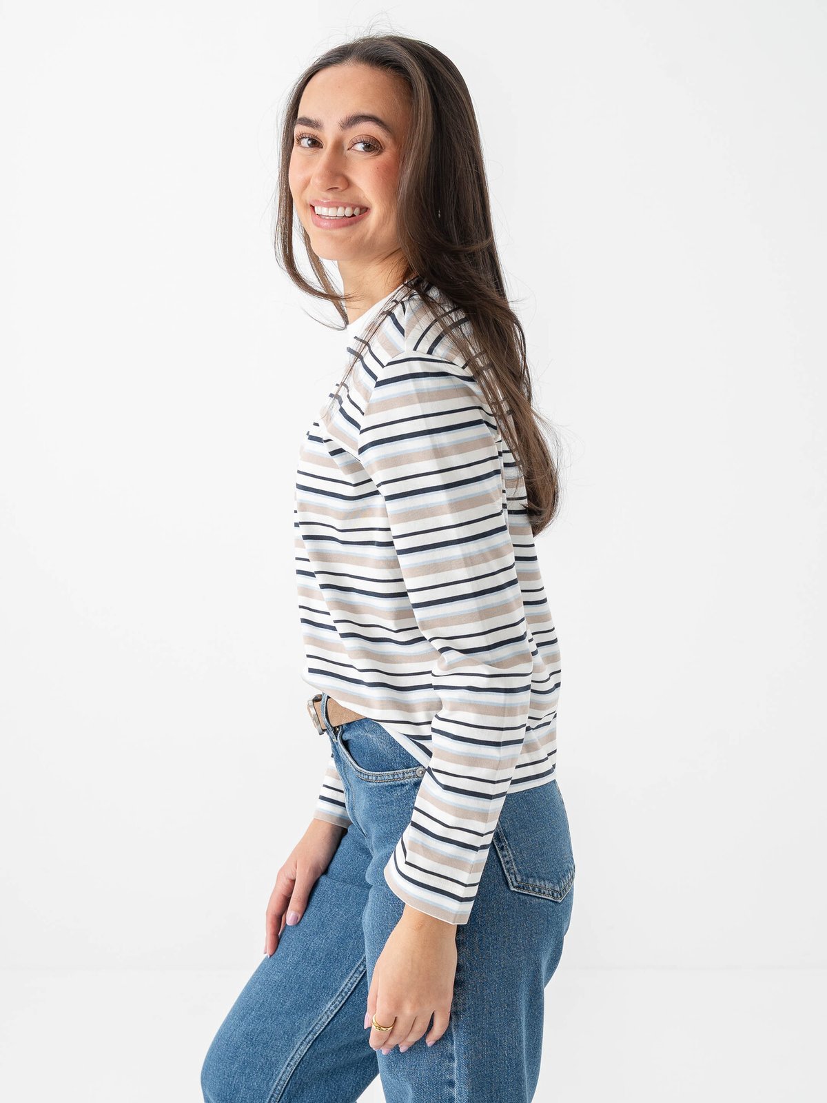 Selected Femme Essential Long Sleeve Striped Boxy Tee Cashmere Blue / Multi Stripe
