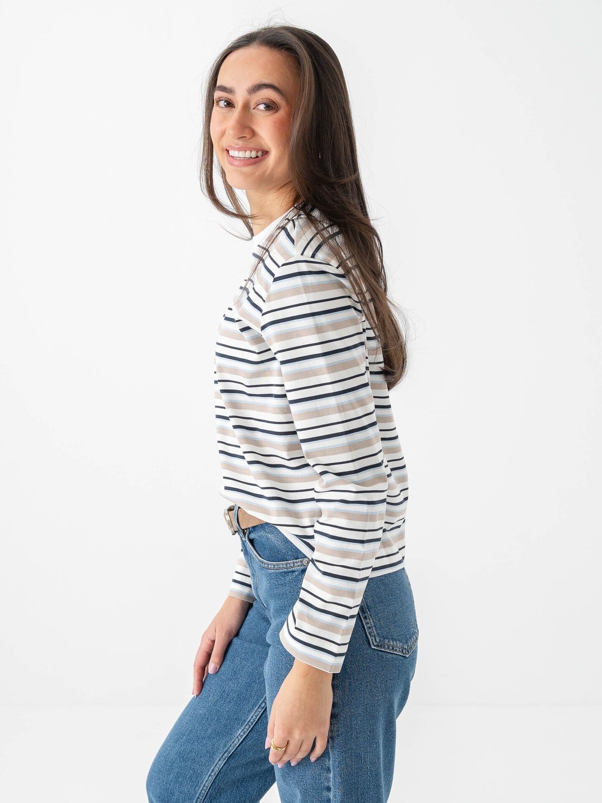 Selected Femme Essential Long Sleeve Striped Boxy Tee Cashmere Blue / Multi Stripe