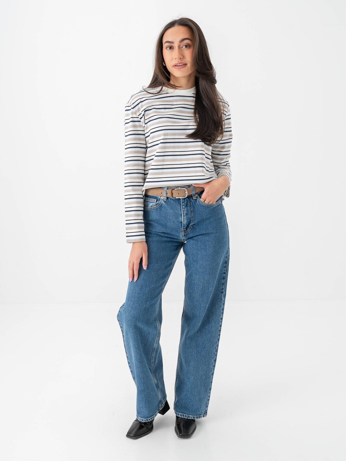 Selected Femme Essential Long Sleeve Striped Boxy Tee Cashmere Blue / Multi Stripe