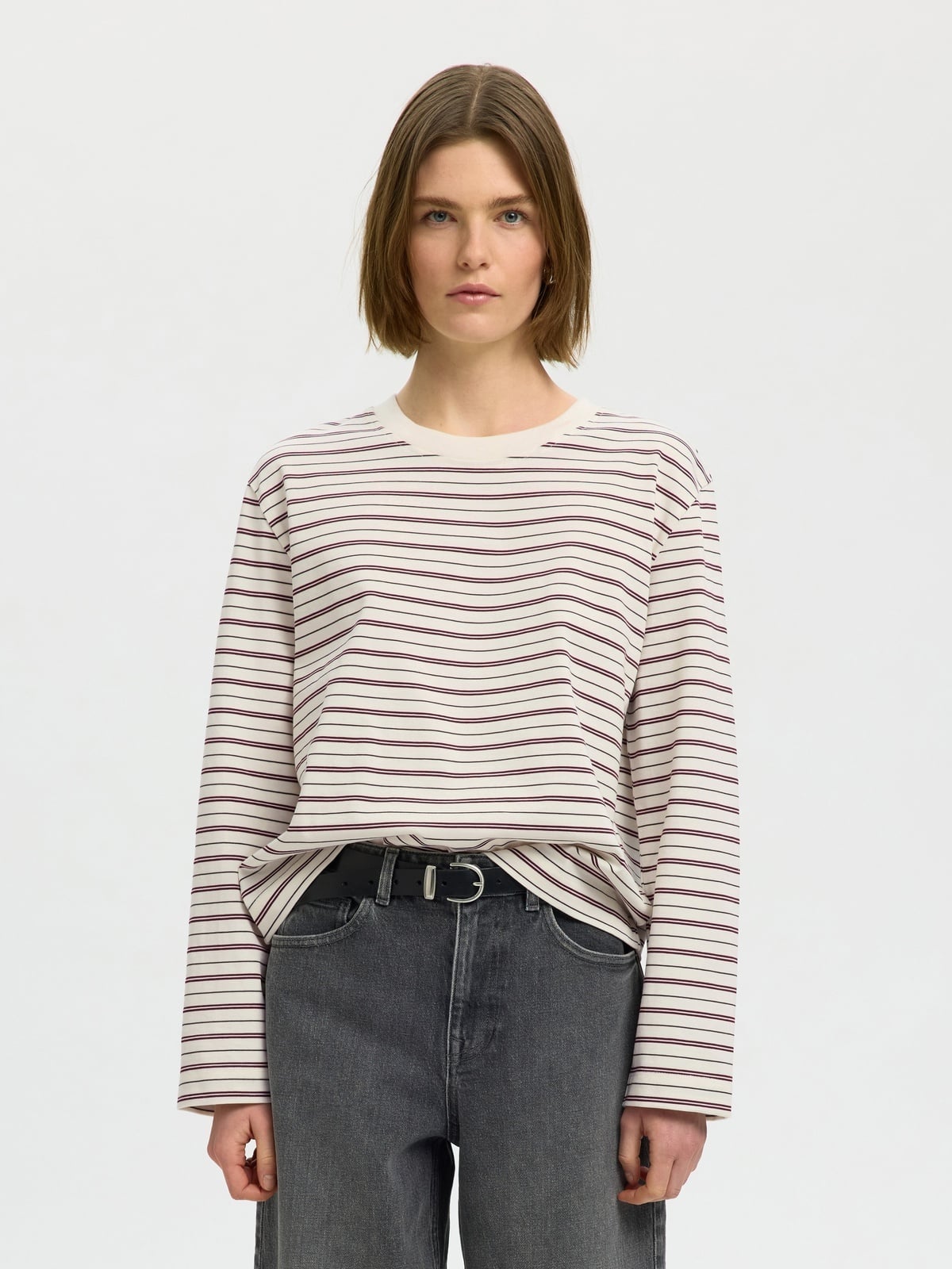 Selected Femme Essential Long Sleeve Striped Boxy Tee Burgunder