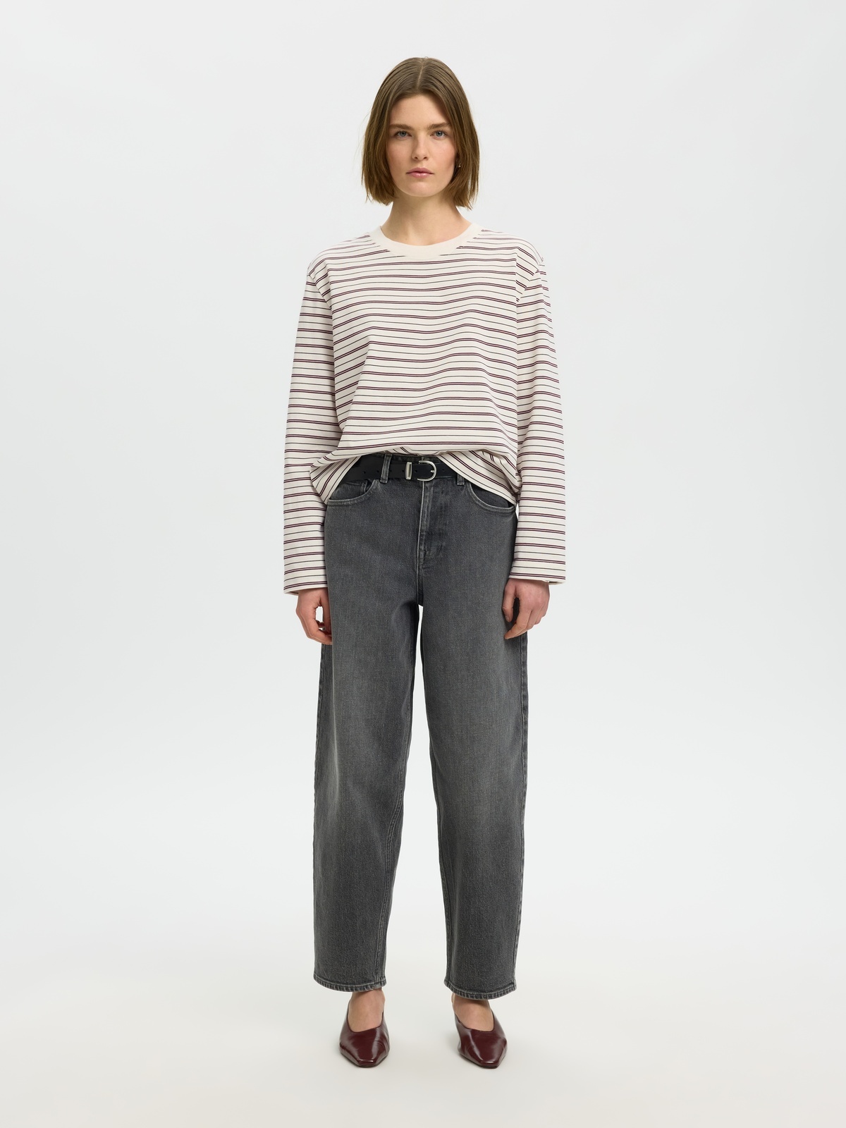 Selected Femme Essential Long Sleeve Striped Boxy Tee Burgunder