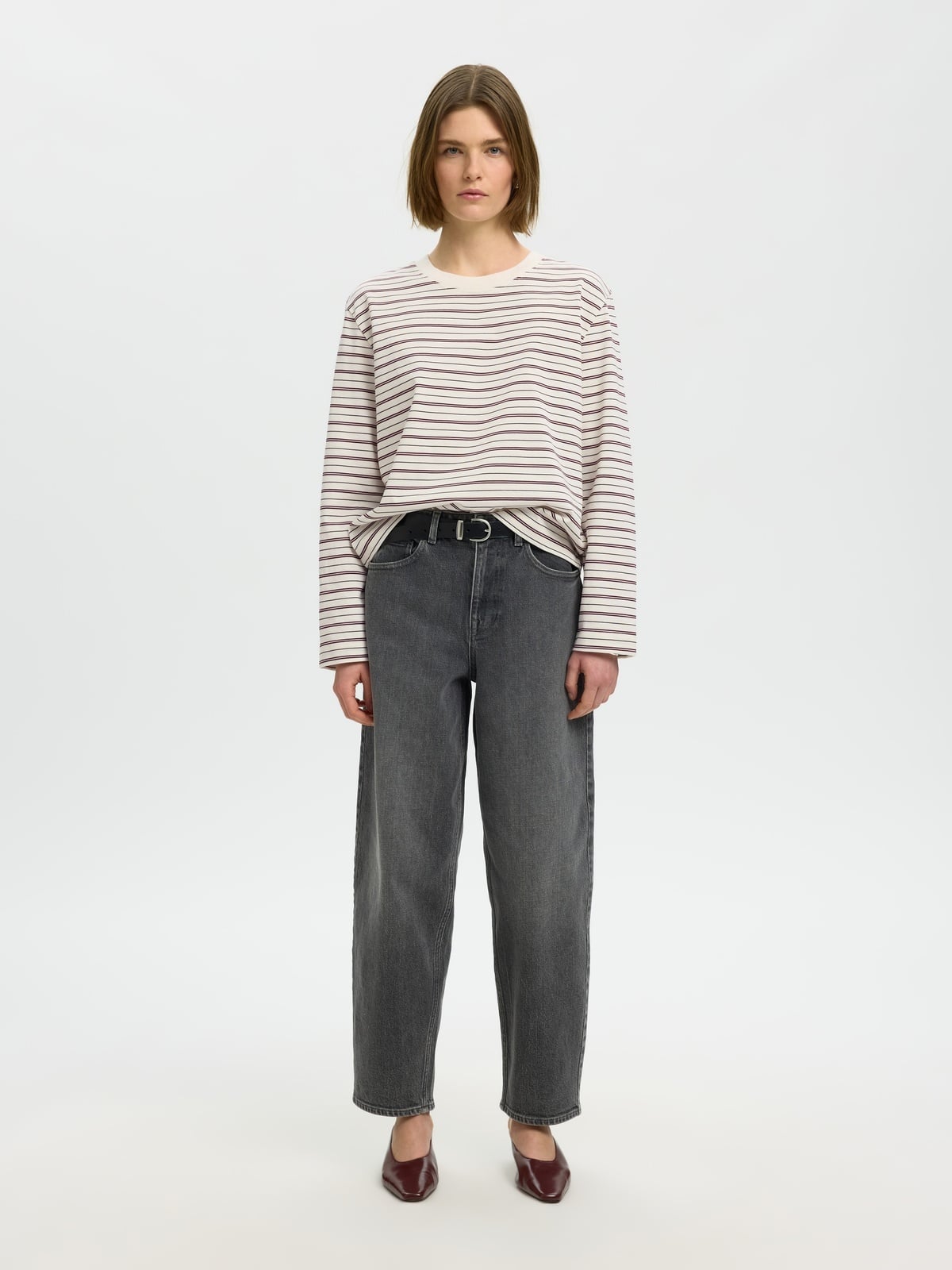 Selected Femme Essential Long Sleeve Striped Boxy Tee Burgunder