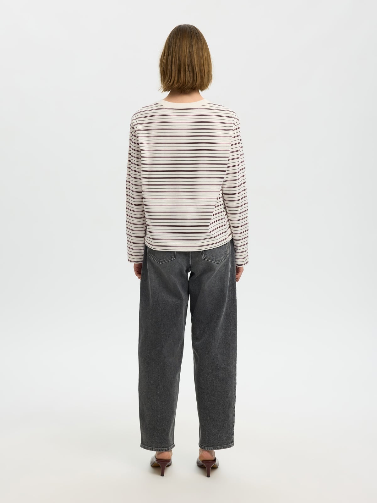 Selected Femme Essential Long Sleeve Striped Boxy Tee Burgunder