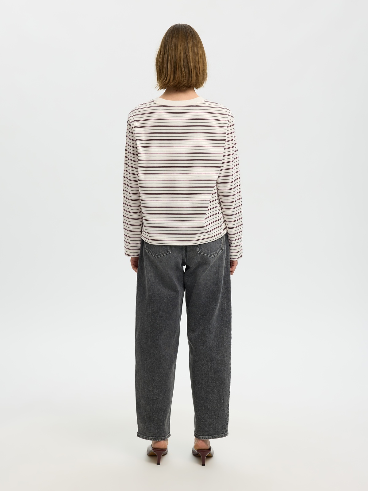 Selected Femme Essential Long Sleeve Striped Boxy Tee Burgunder
