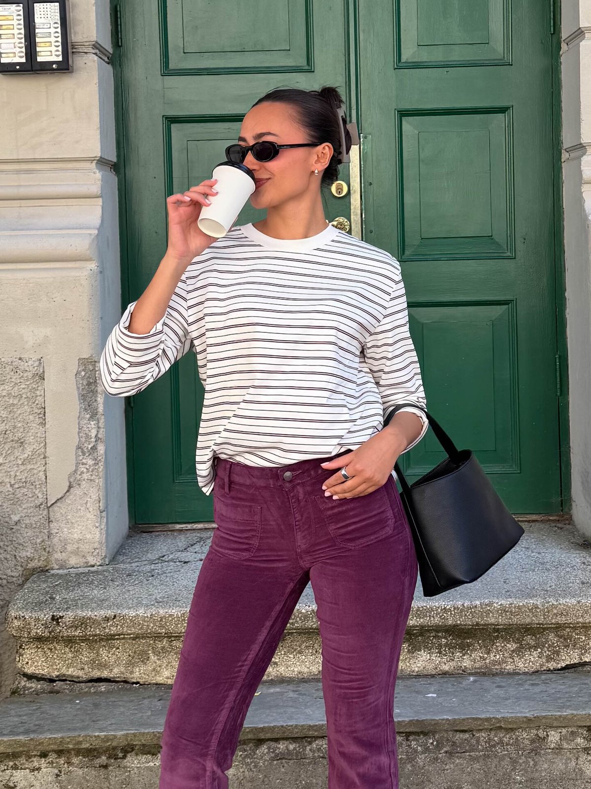 Selected Femme Essential Long Sleeve Striped Boxy Tee Burgunder