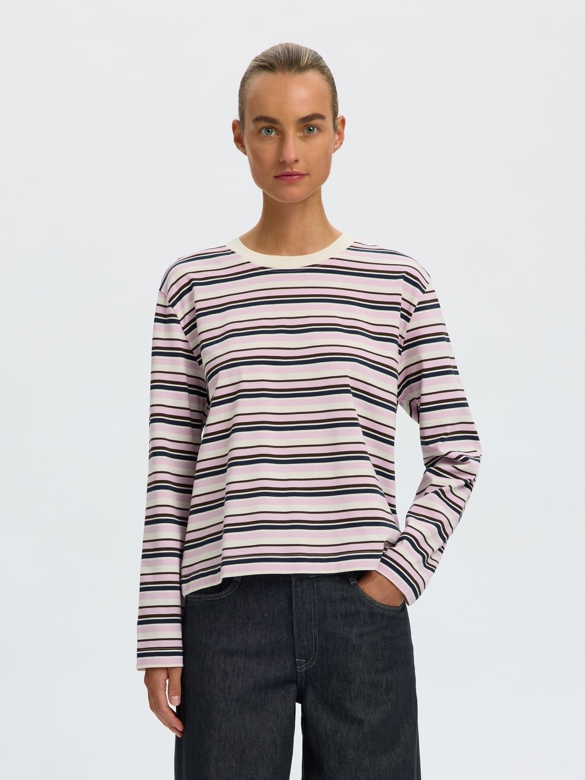 Selected Femme Essential Long Sleeve Striped Boxy Tee Winsome Orchid