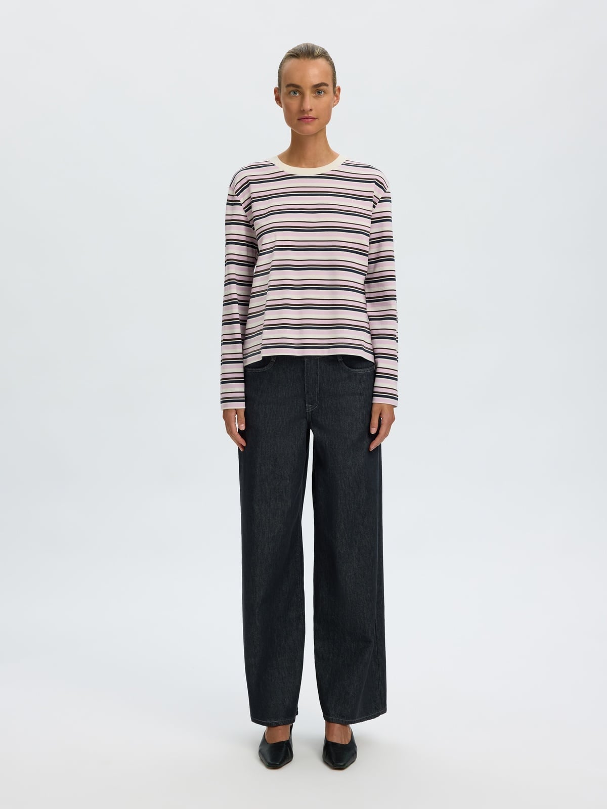 Selected Femme Essential Long Sleeve Striped Boxy Tee Winsome Orchid