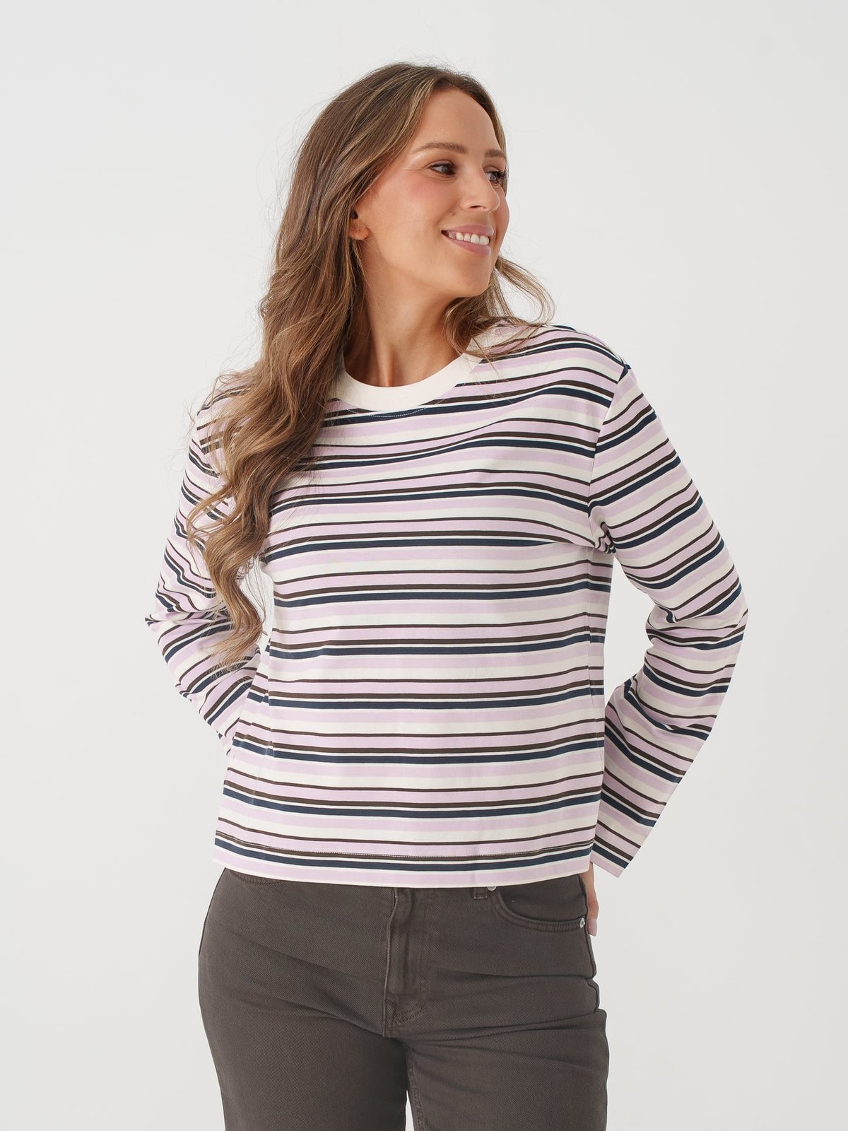 Selected Femme Essential Long Sleeve Striped Boxy Tee Winsome Orchid