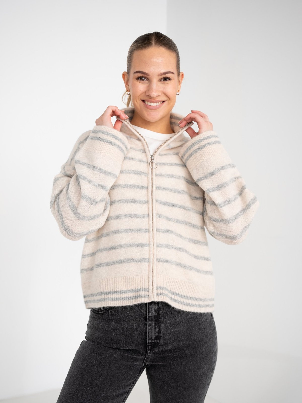 Selected Femme Sia Ras Stripe Long Sleeve Knit Cardigan Birch Light Grey Melange