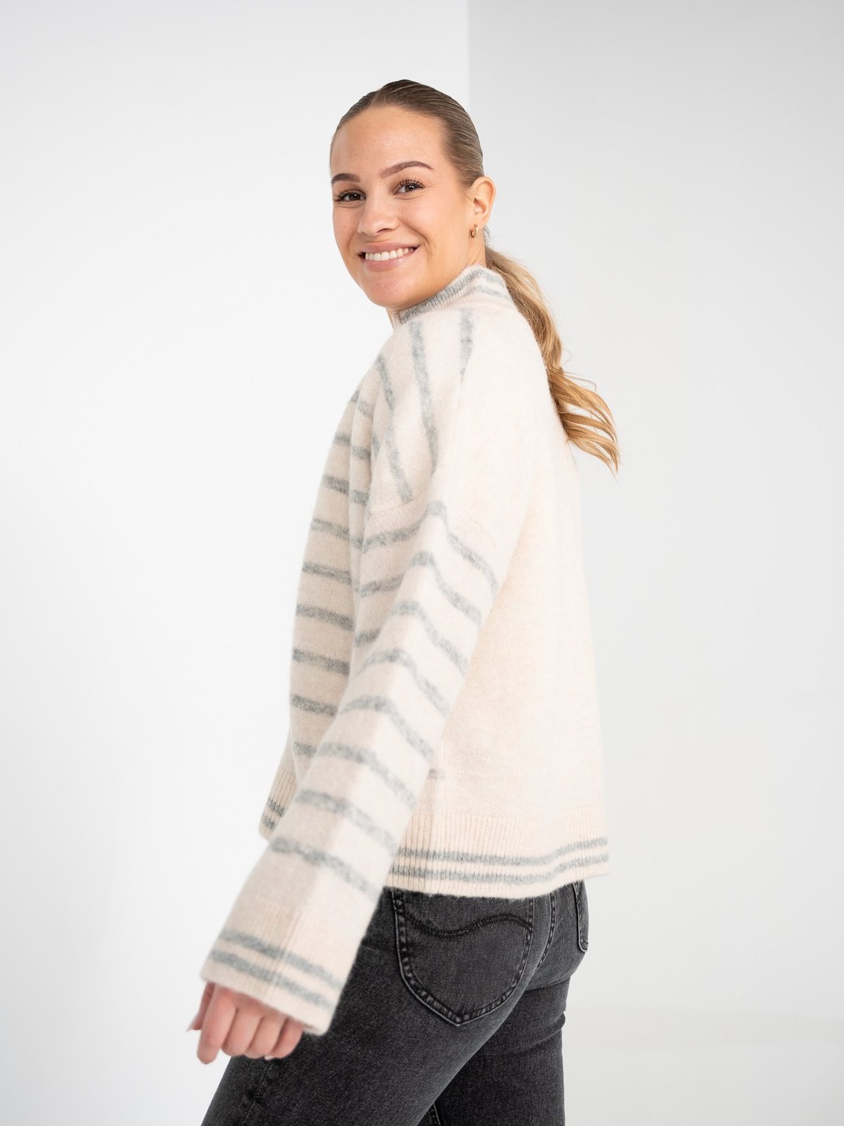 Selected Femme Sia Ras Stripe Long Sleeve Knit Cardigan Birch Light Grey Melange