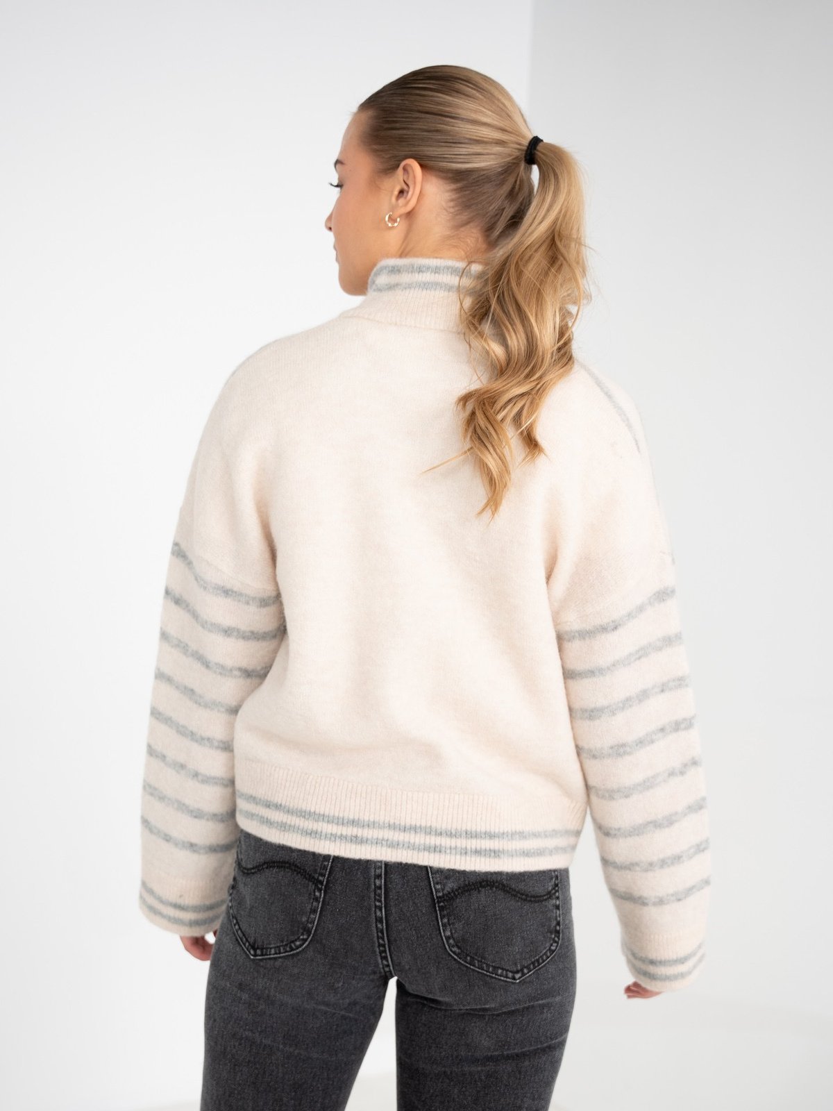 Selected Femme Sia Ras Stripe Long Sleeve Knit Cardigan Birch Light Grey Melange