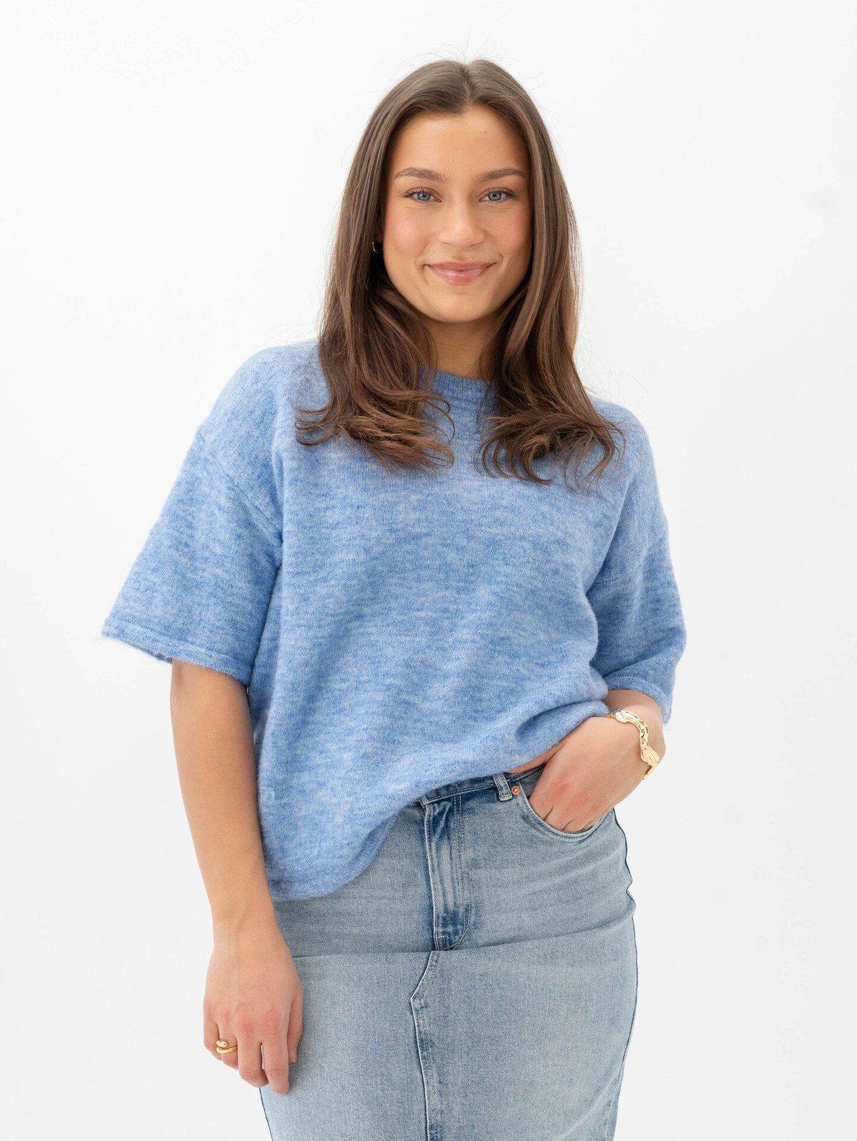 Selected Femme Maline-Liliana 2/4 Knit O-Neck Cornflower Blue Melange