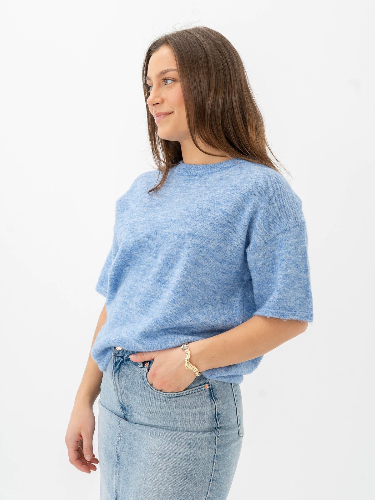 Selected Femme Maline-Liliana 2/4 Knit O-Neck Cornflower Blue Melange