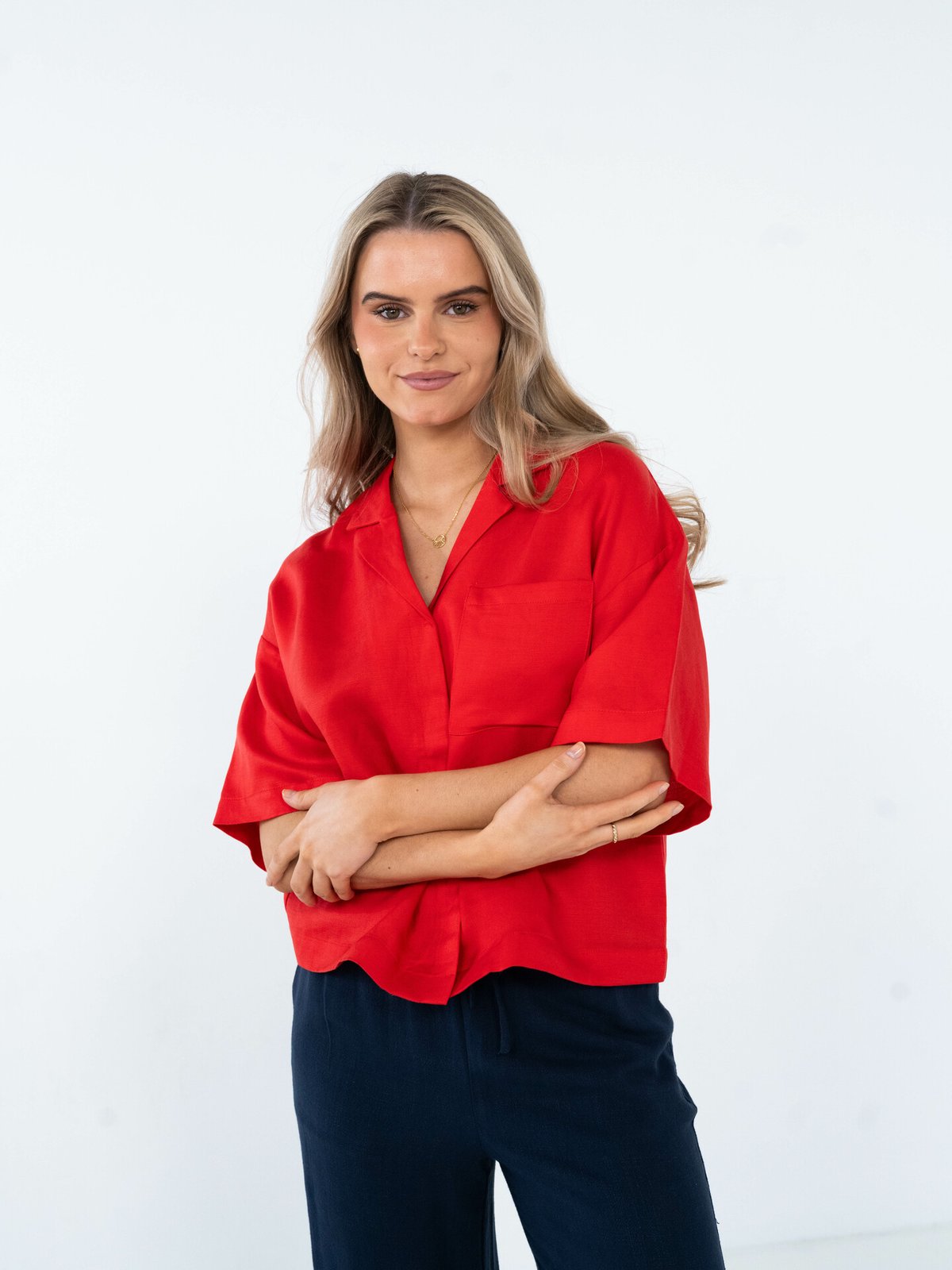 Selected Femme Lyra 2/4 Boxy Revers Linen Shirt Rød