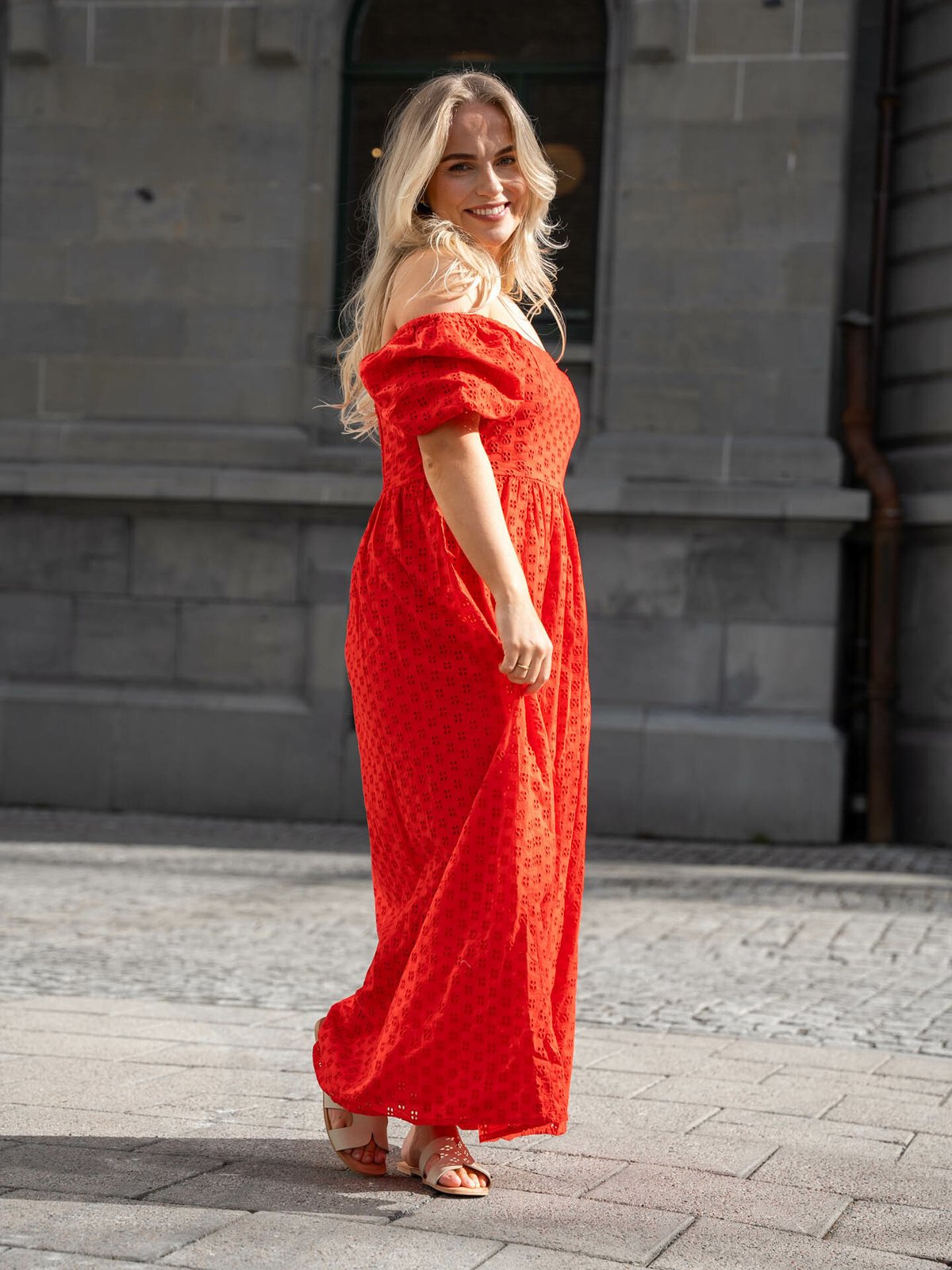 Selected Femme Anelli 3/4 On Off Ankle Dress Flame Scarlet