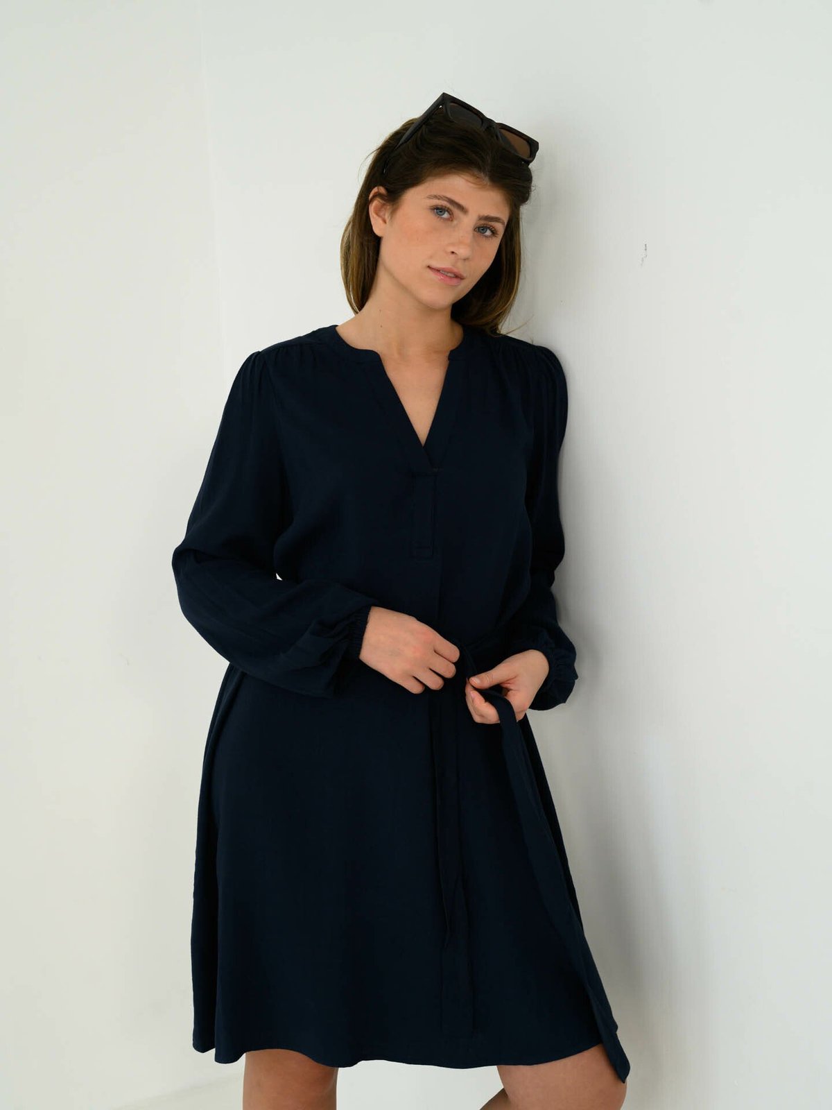 Selected Femme Viva Long Sleeve Short V-Neck Dress Dark Sapphire