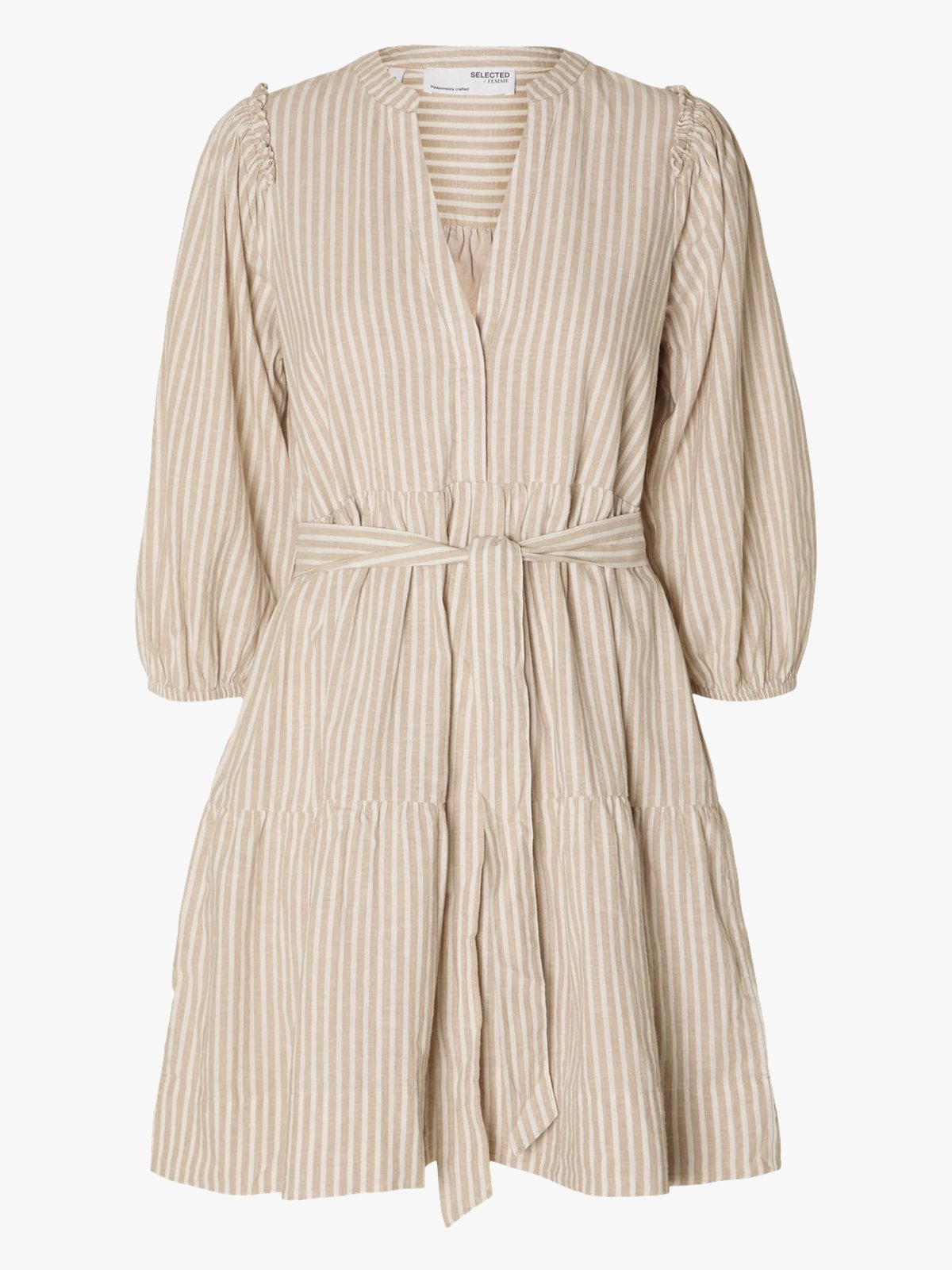 Selected Femme Hillie Striped 3/4 Short Linen Dress Snow White / Stripes Humus