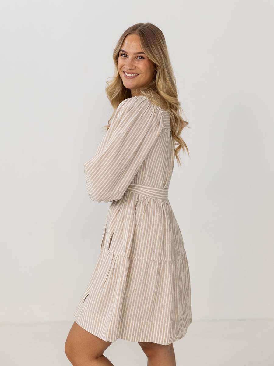 Selected Femme Hillie Striped 3/4 Short Linen Dress Snow White / Stripes Humus