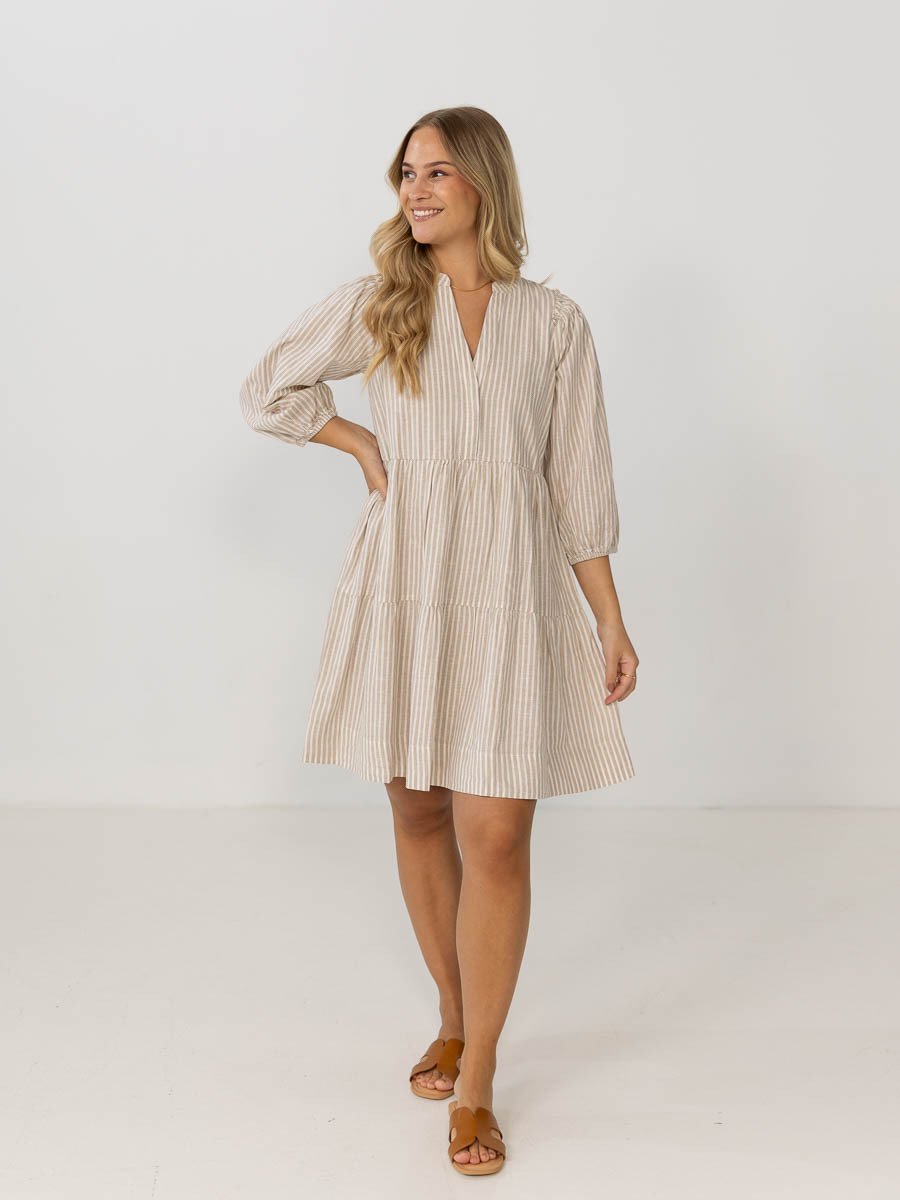 Selected Femme Hillie Striped 3/4 Short Linen Dress Snow White / Stripes Humus