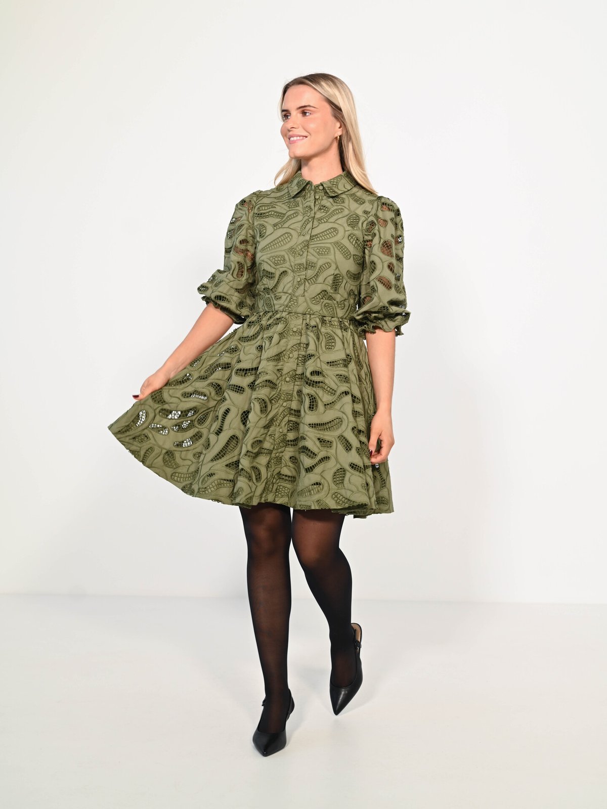 Selected Femme Allia 3/4 Short Shirt Broderi Dress Olivine