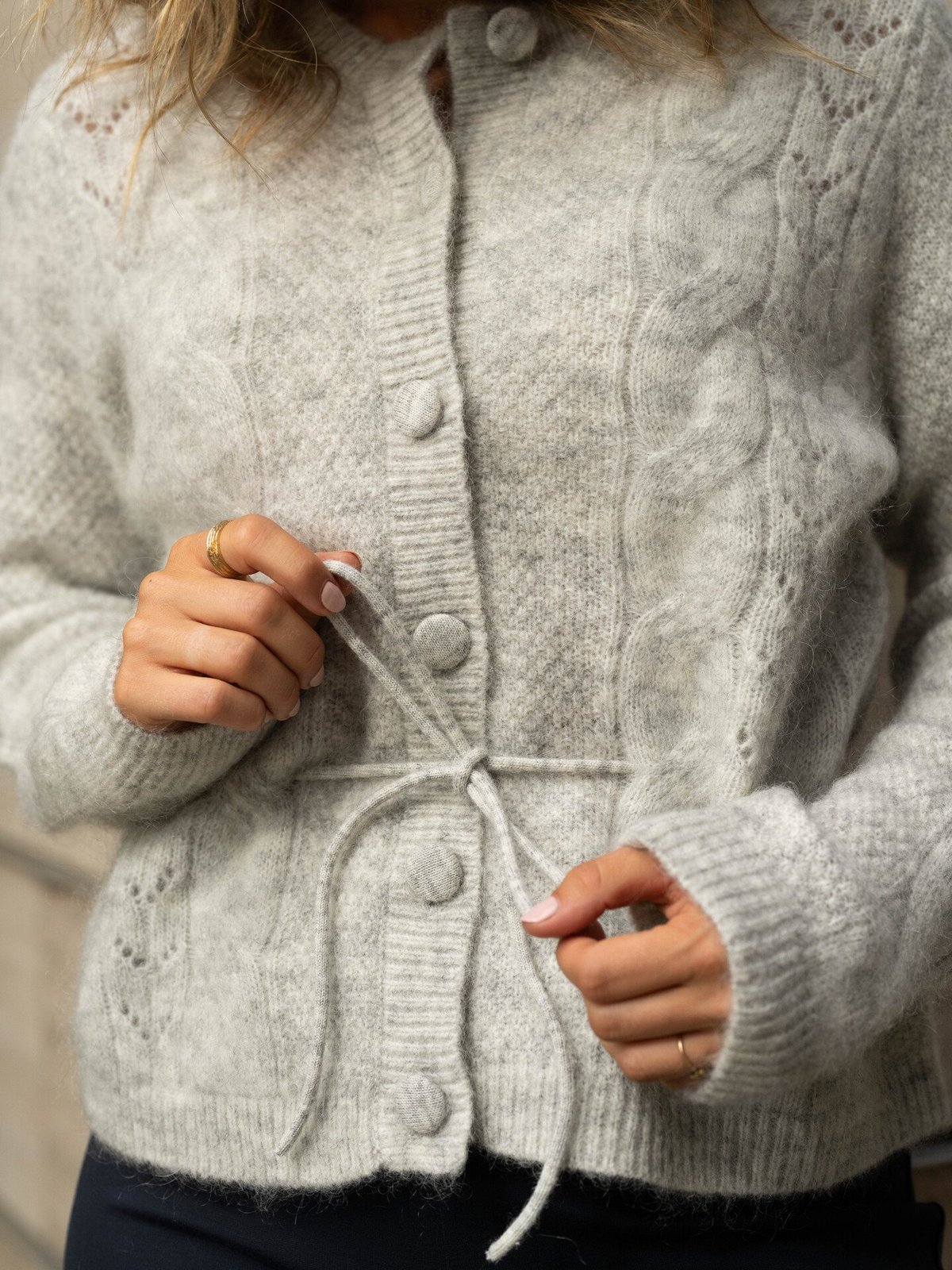 Selected Femme Vera Long Sleeve Knit Belt Cardigan Light Grey Melange