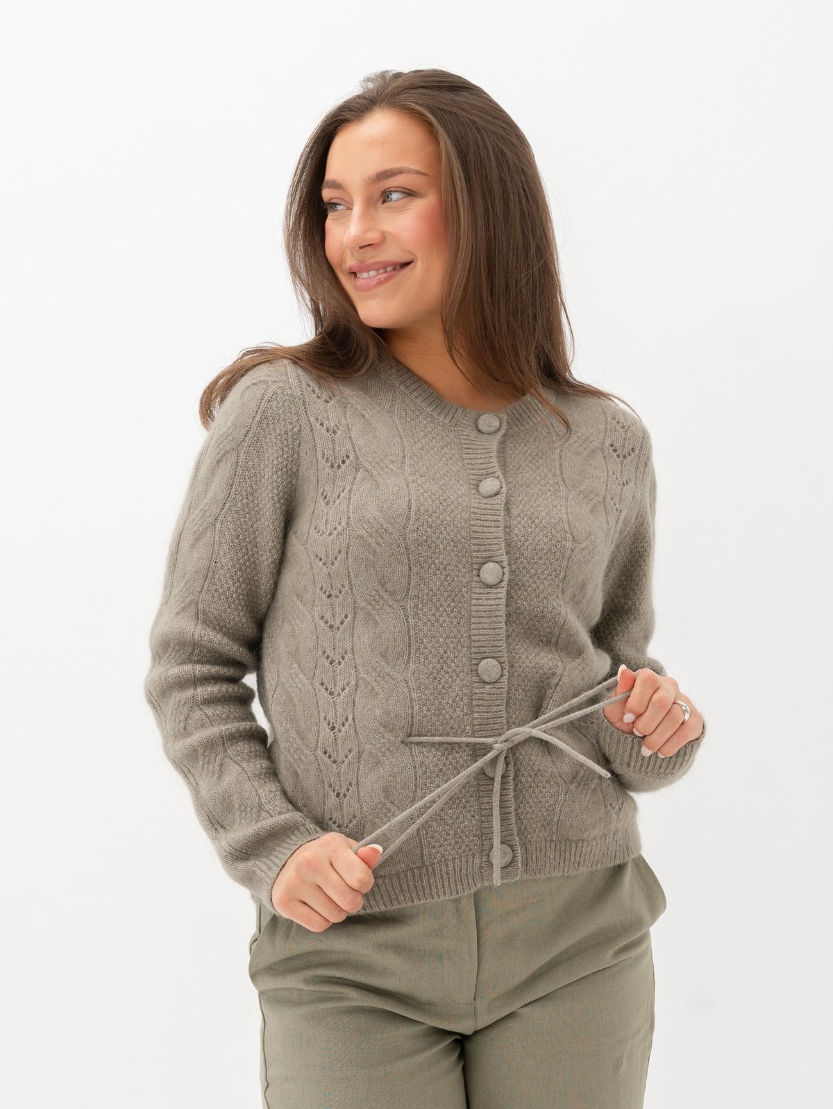 Selected Femme Vera Long Sleeve Knit Belt Cardigan Vetiver