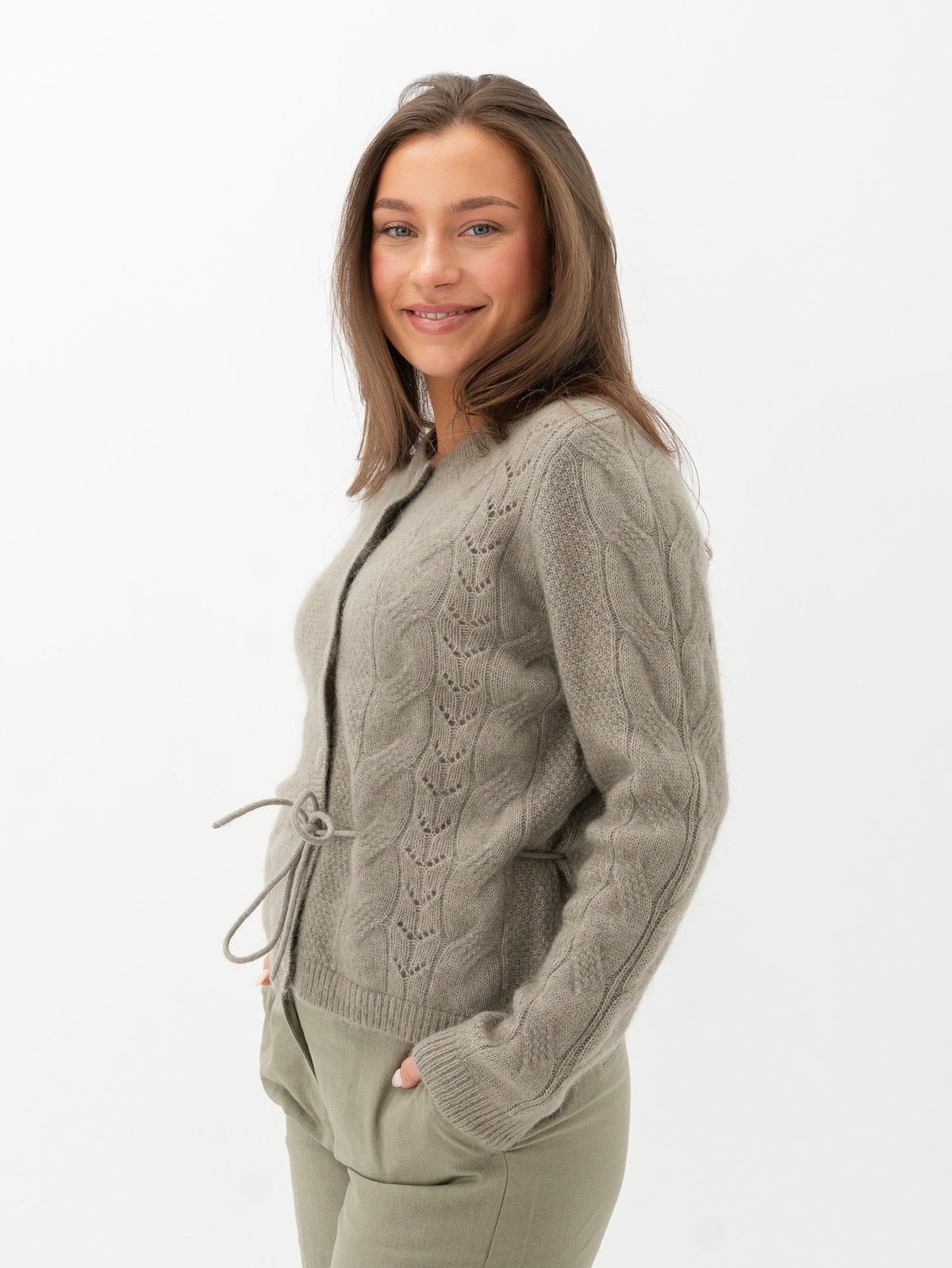 Selected Femme Vera Long Sleeve Knit Belt Cardigan Vetiver