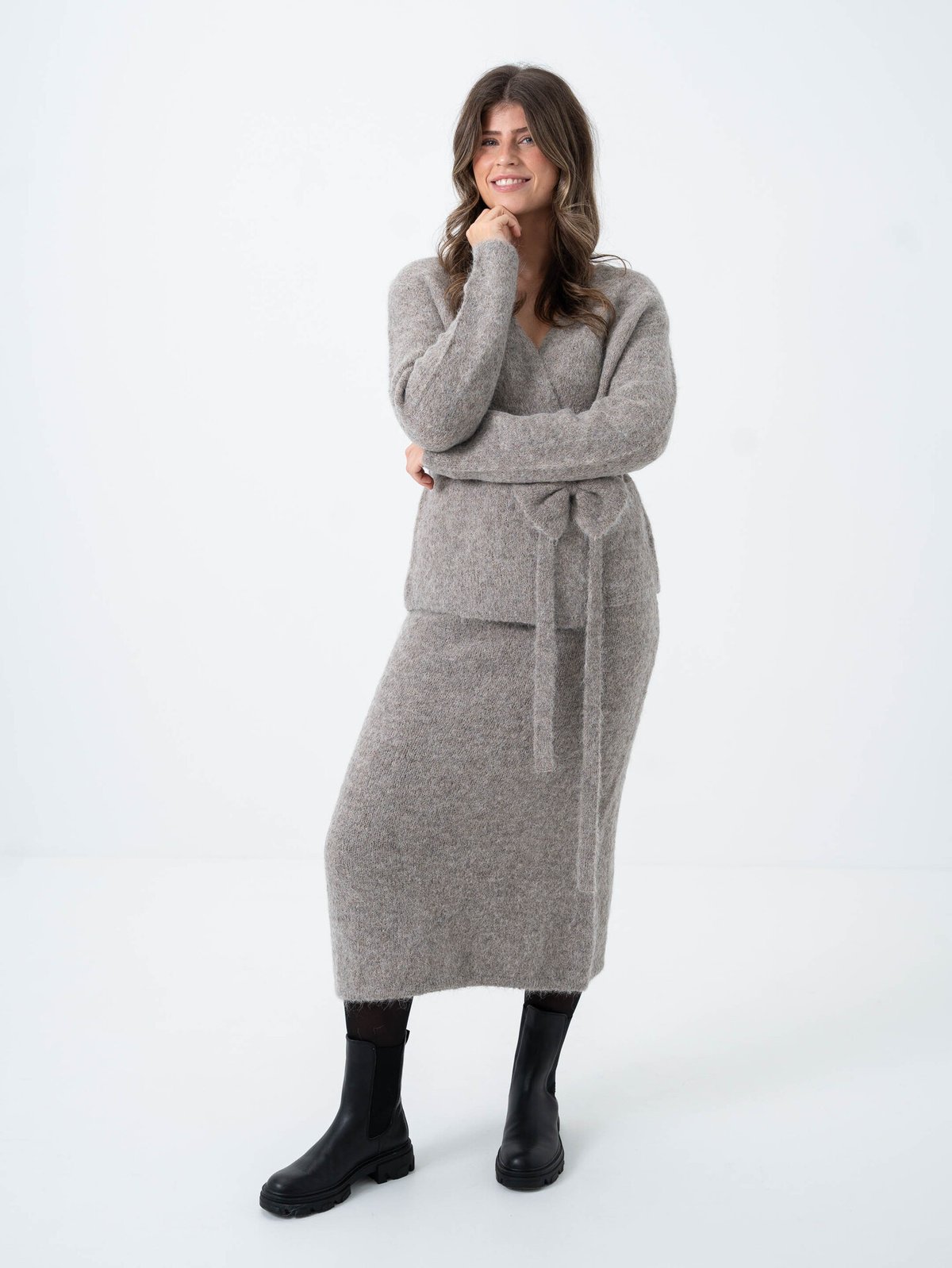 Selected Femme Gabella Long Sleeve Knit Bow Cardigan Steel Gray Melange