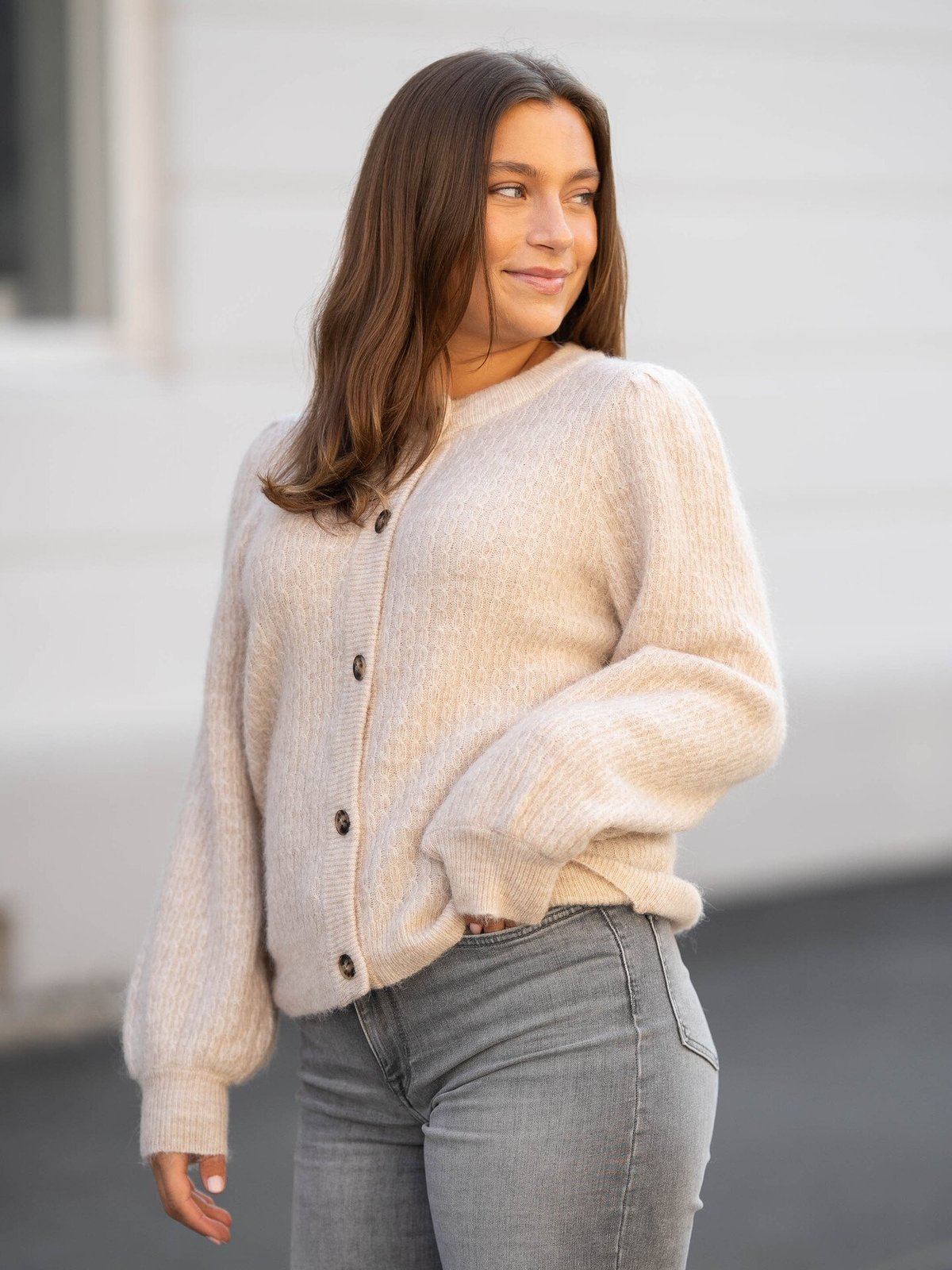 Selected Femme Lulu Long Sleeve Structure Knit Cardigan Birch Melange