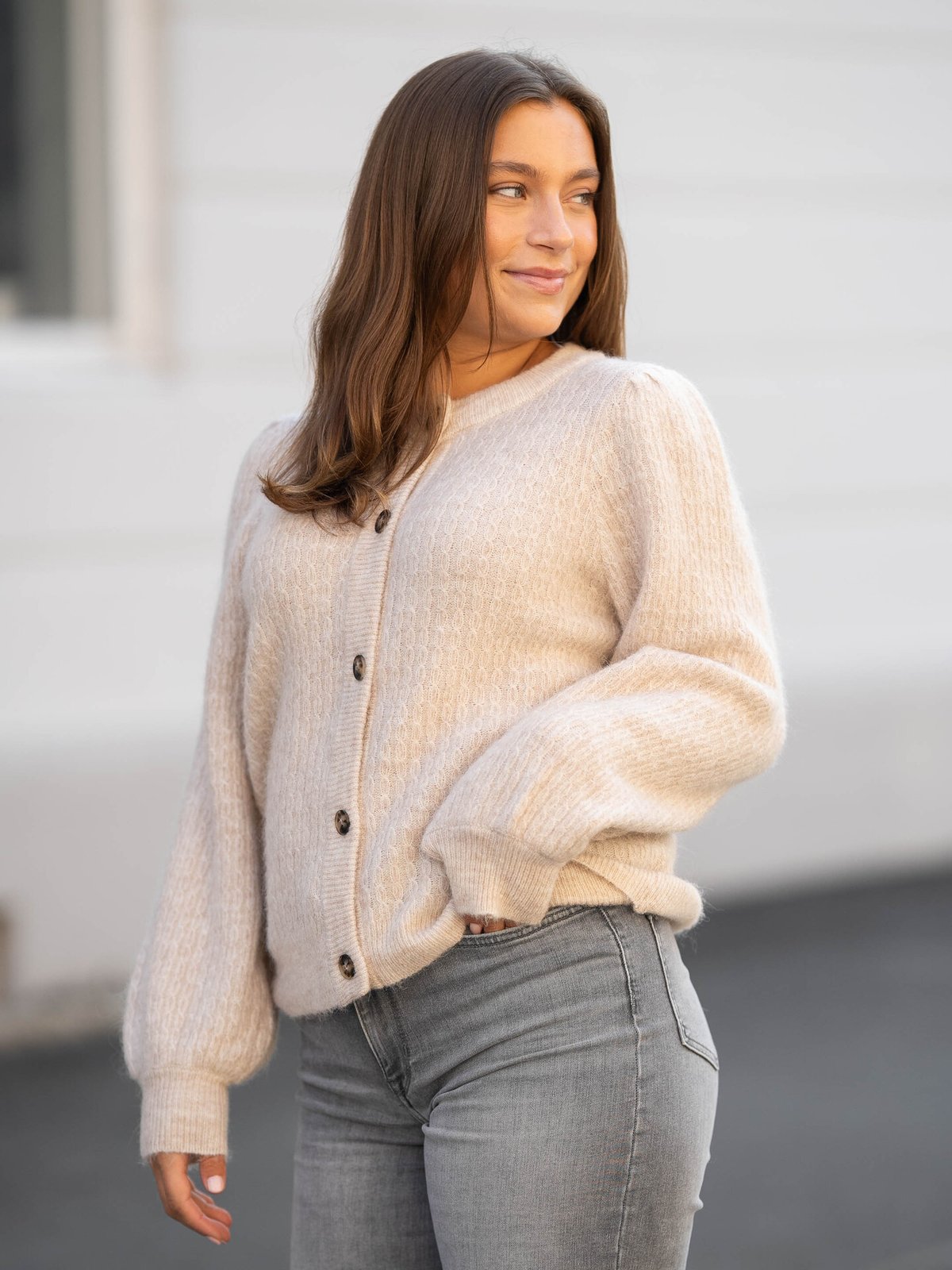 Selected Femme Lulu Long Sleeve Structure Knit Cardigan Birch Melange