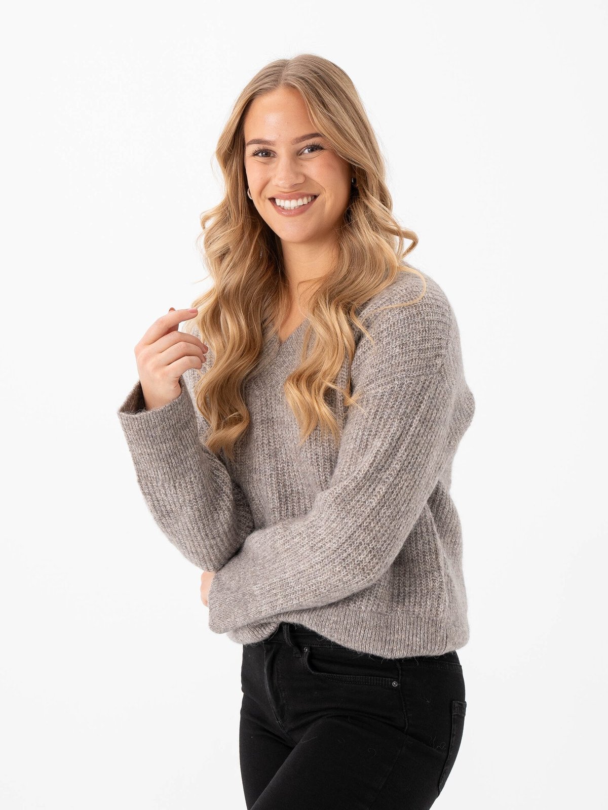 Selected Femme Alva Melange Long Sleeve Knit V-Neck Steel Gray