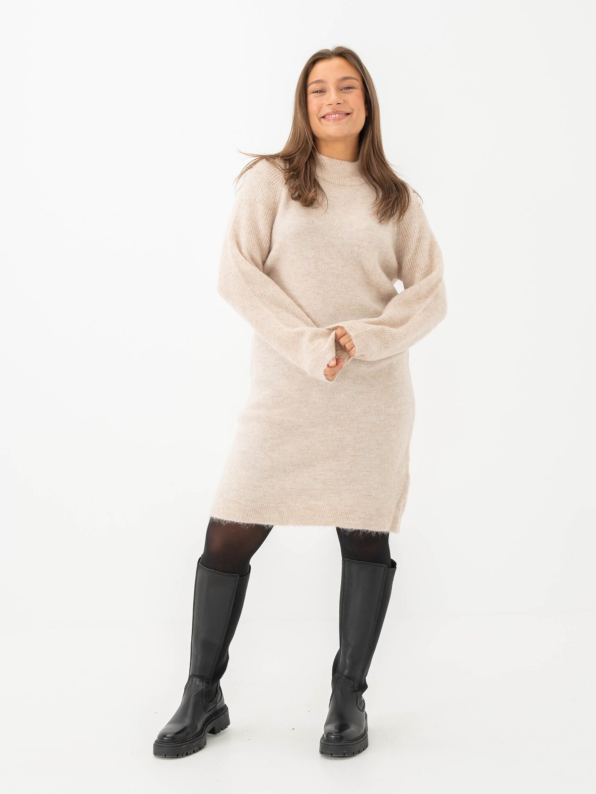 Selected Femme Lulu Long Sleeve High Neck Knit Dress Birch Melange