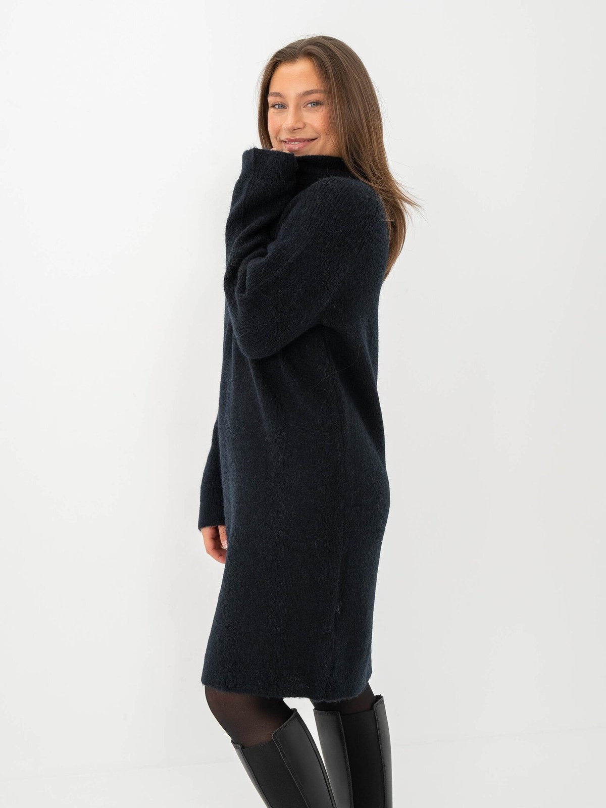 Selected Femme Lulu Long Sleeve High Neck Knit Dress Dark Sapphire Melange