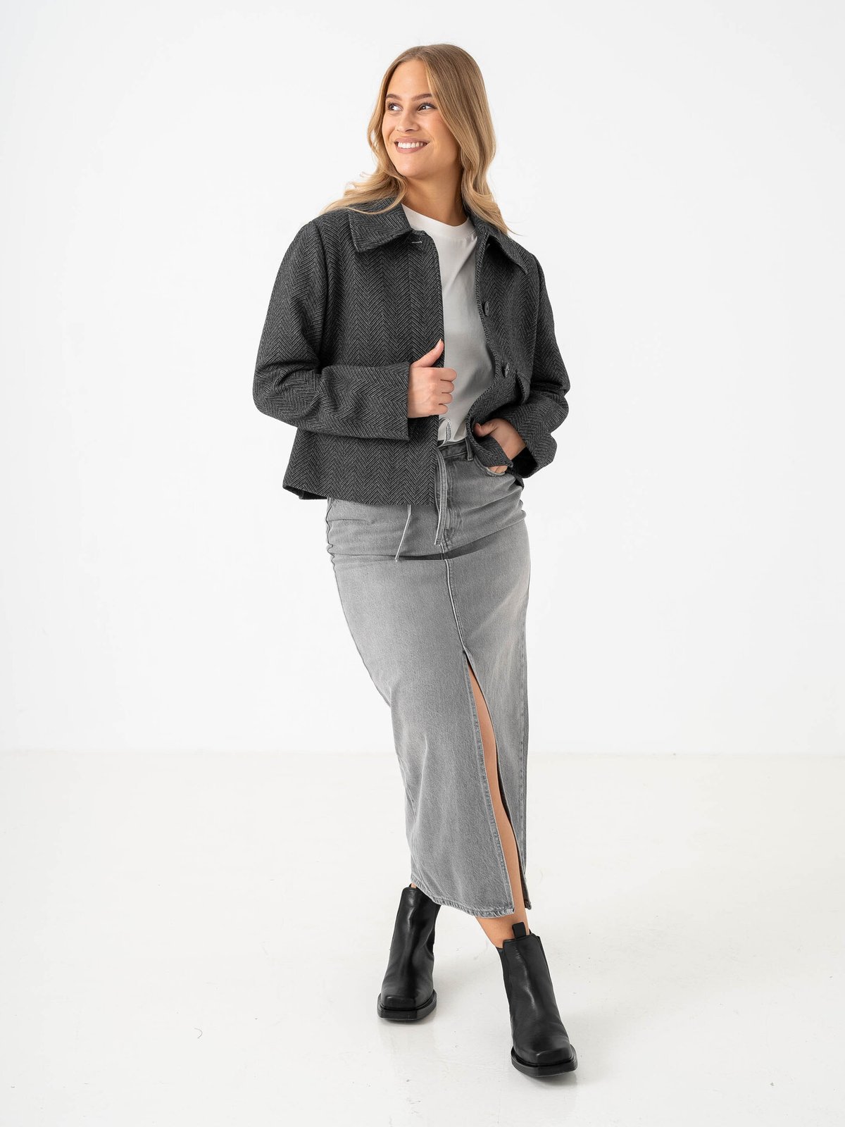 Selected Femme Henny Short Wool Jacket Volcanic Ash Herringbone