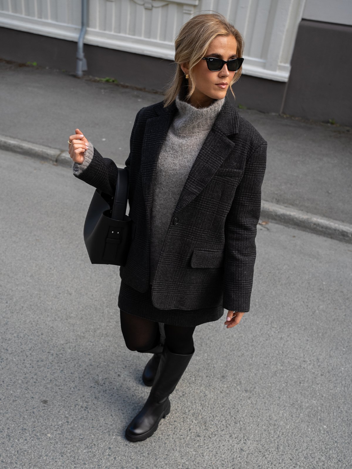 Selected Femme Bex Long Sleeve Oversized Blazer Dark Grey/Checks