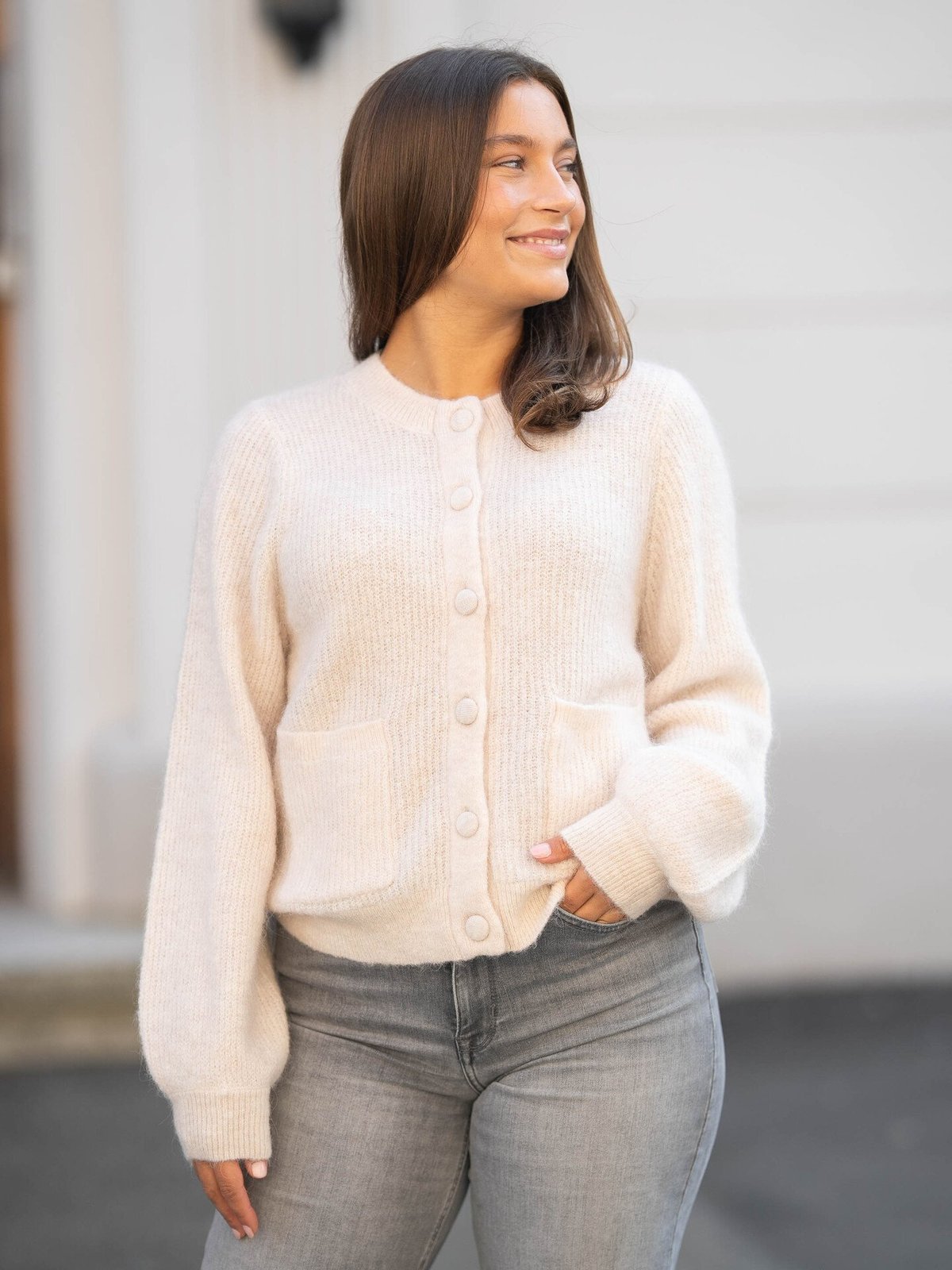 Selected Femme Sia Ras Long Sleeve Knit Pocket Cardigan Birch Melange