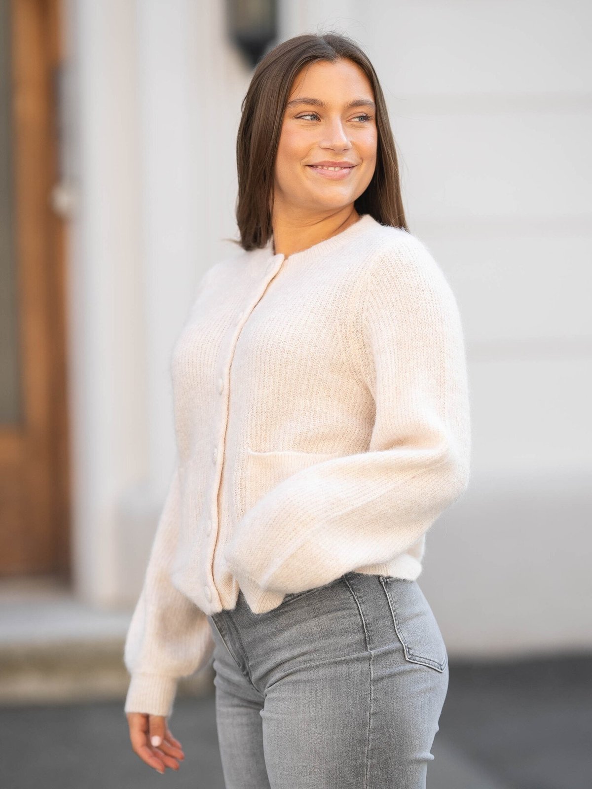 Selected Femme Sia Ras Long Sleeve Knit Pocket Cardigan Birch Melange