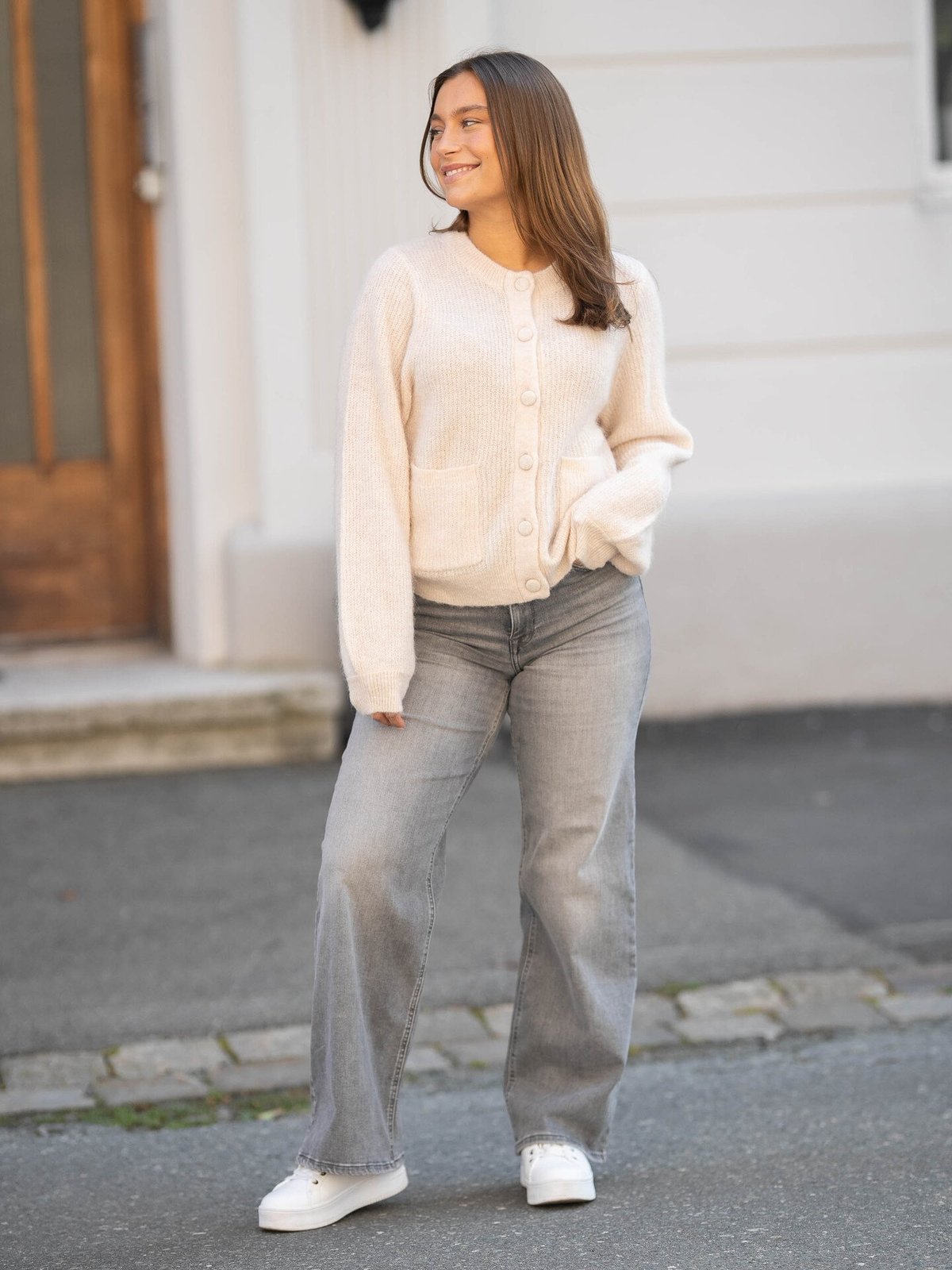 Selected Femme Sia Ras Long Sleeve Knit Pocket Cardigan Birch Melange