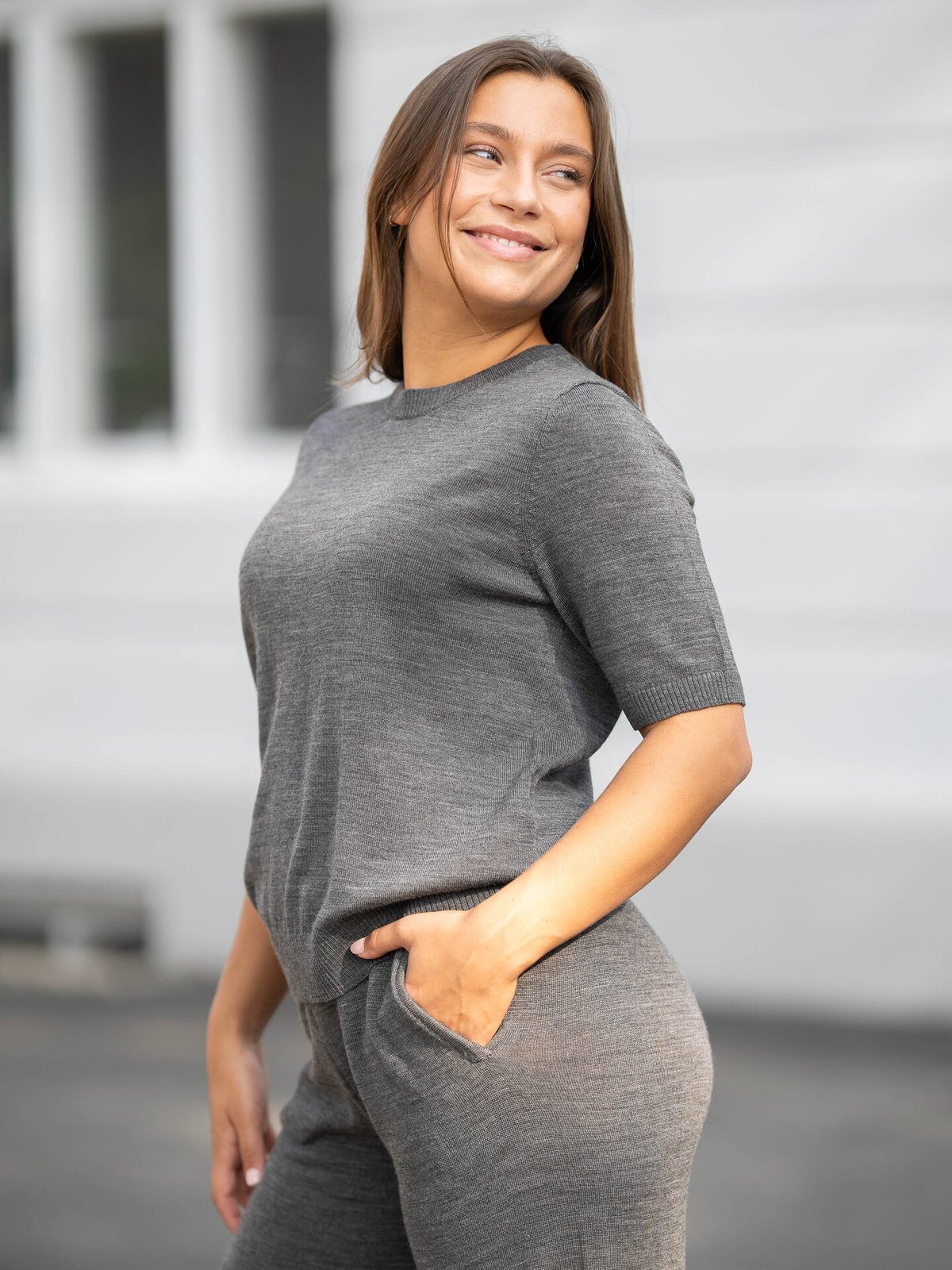 Selected Femme Hella Short Sleeve Knit O-Neck Medium Grey Melange