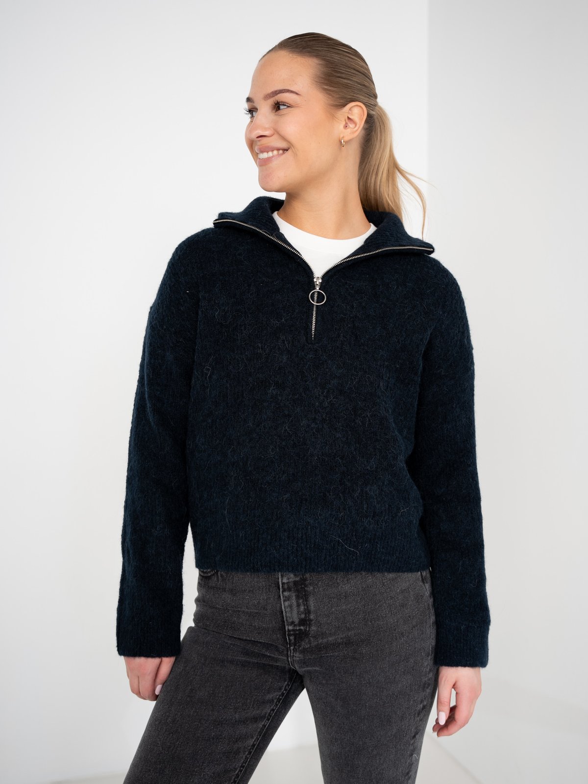Selected Femme Sia Ras Long Sleeve Knit Half Zip Dark Sapphire