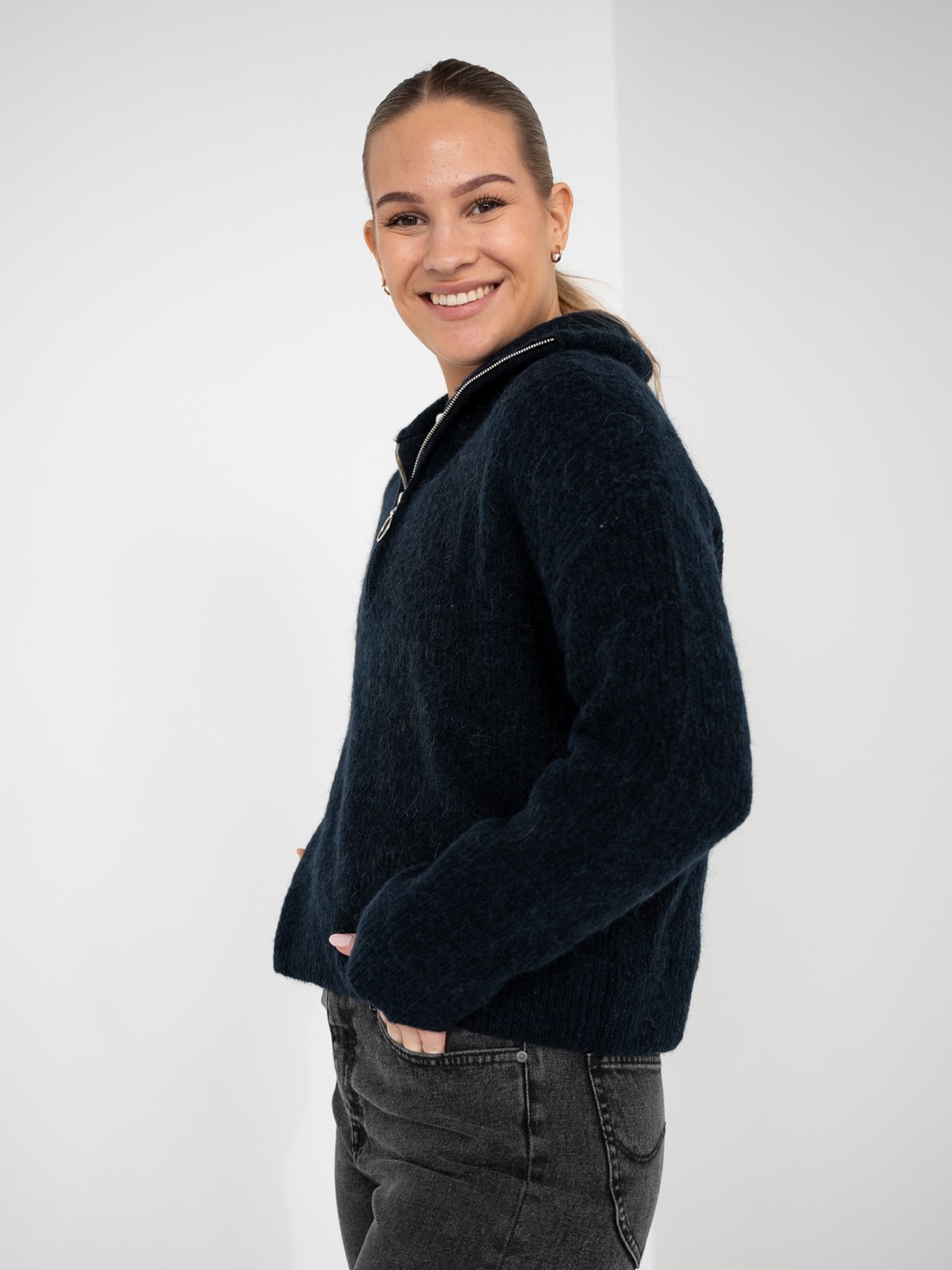 Selected Femme Sia Ras Long Sleeve Knit Half Zip Dark Sapphire